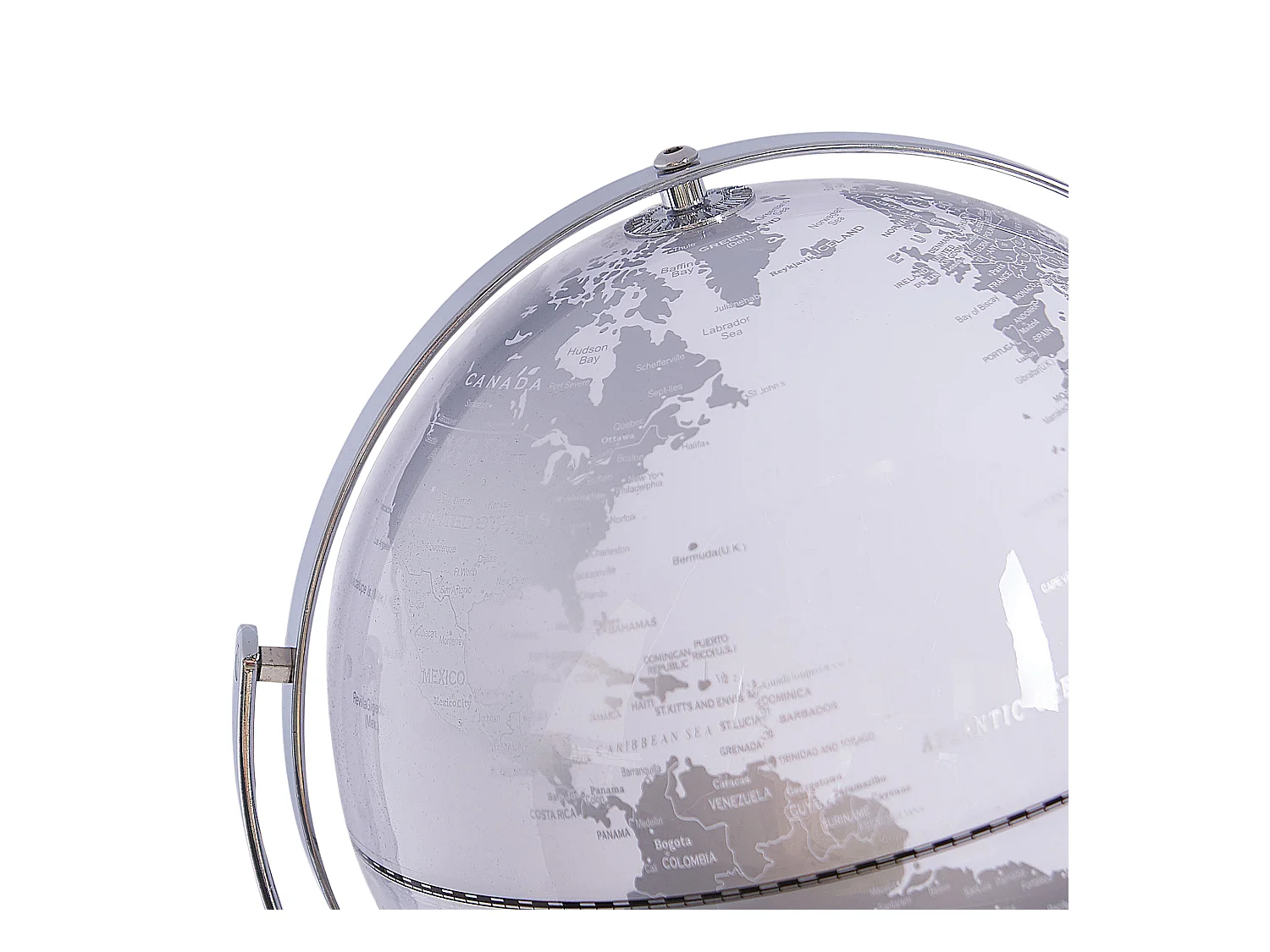 Moderner Tischglobus drehbar in Weiß und Silber mit verchromten Standfuß Drake