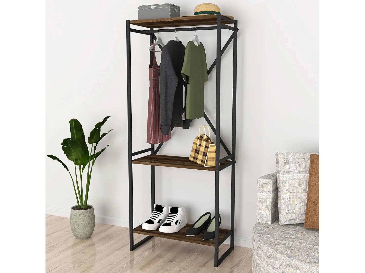 Penderie Ulstein à 3 surface de rangement et barre 160 x 66 x 34 cm effet chêne patiné [en.casa]