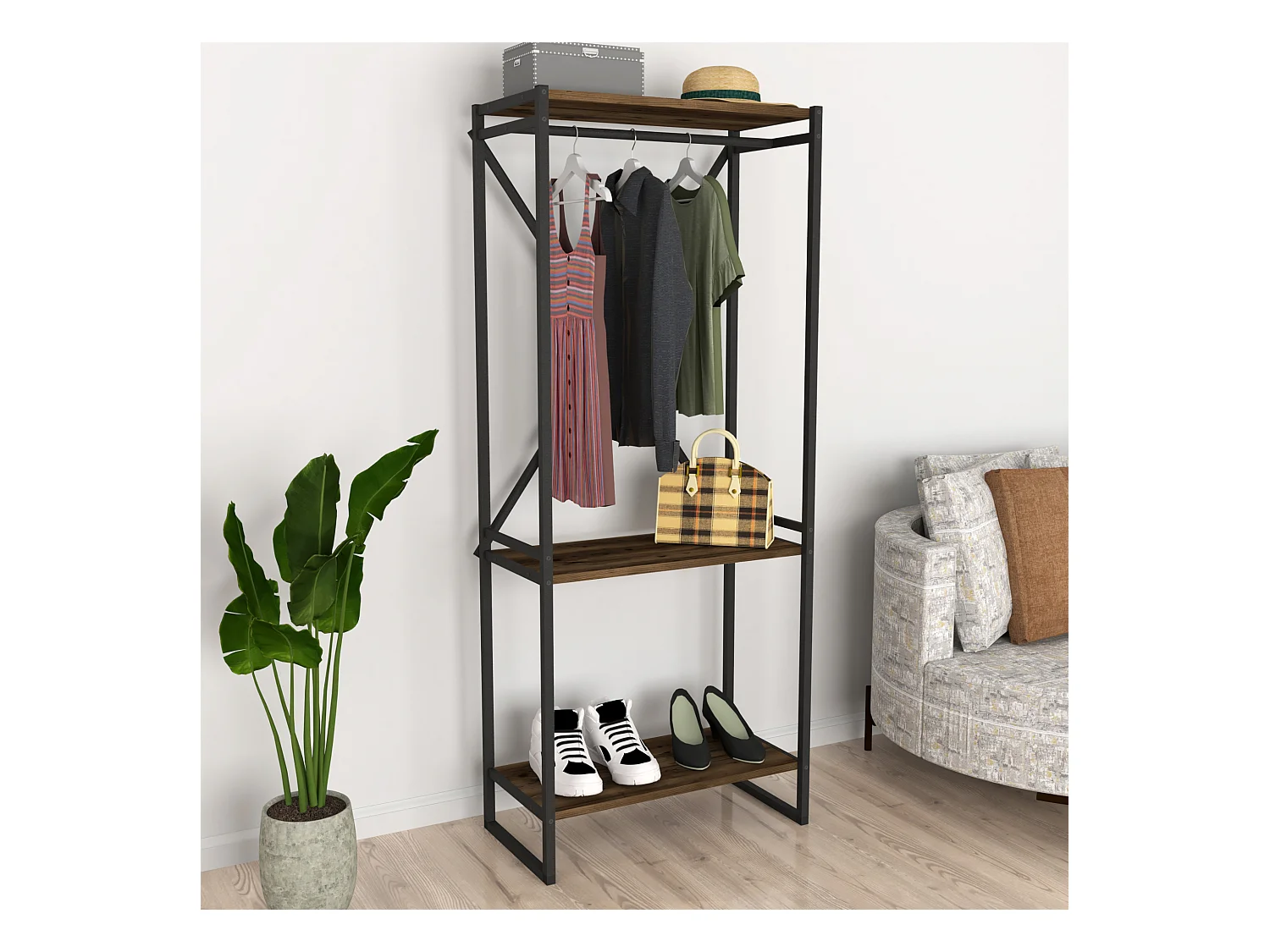 Penderie Ulstein à 3 surface de rangement et barre 160 x 66 x 34 cm effet chêne patiné [en.casa]