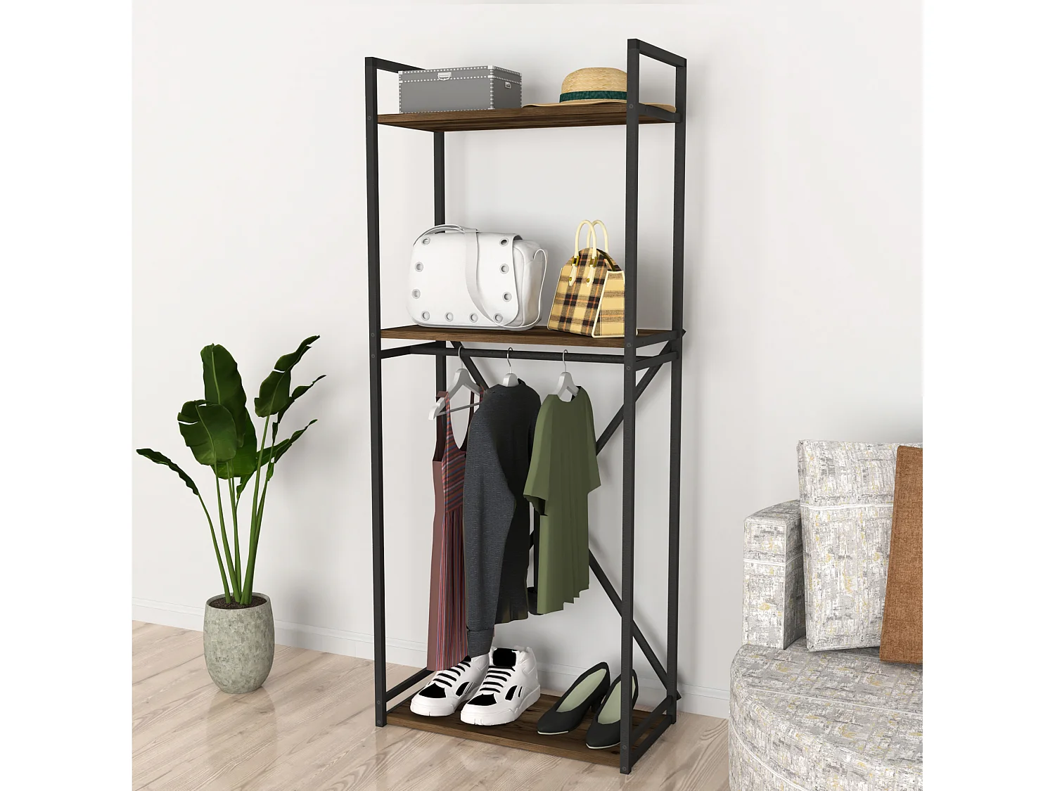 Penderie Ulstein à 3 surface de rangement et barre 160 x 66 x 34 cm effet chêne patiné [en.casa]