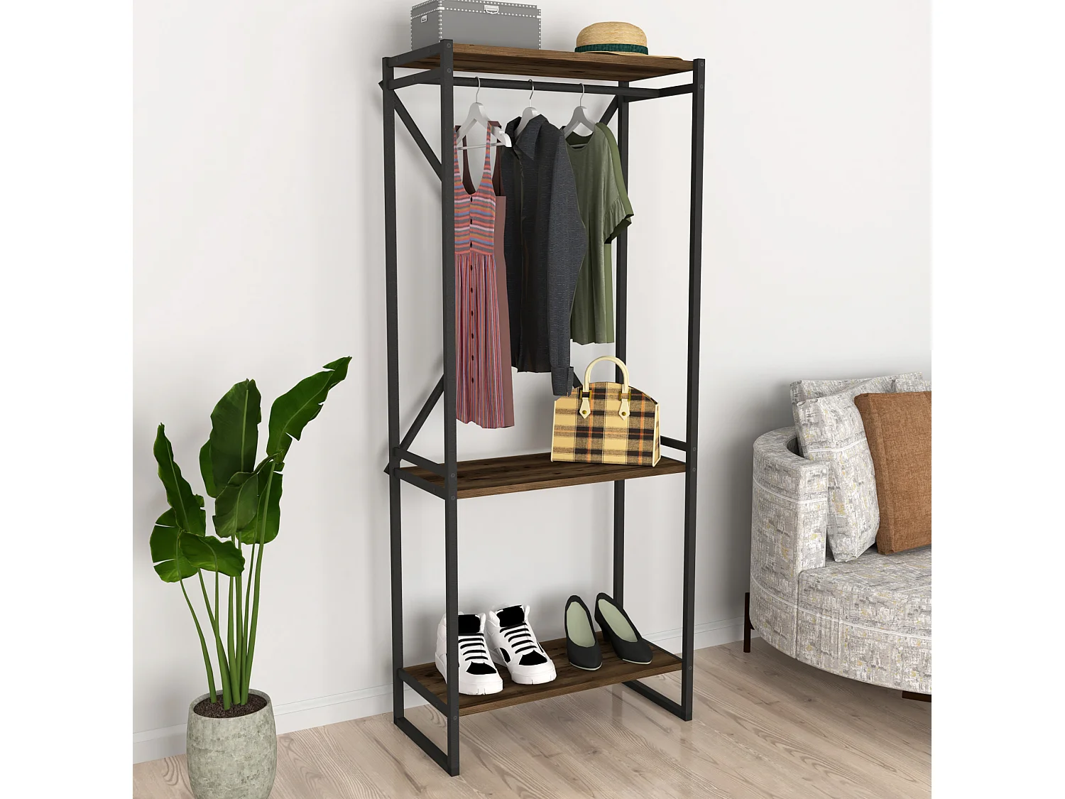 Penderie Ulstein à 3 surface de rangement et barre 160 x 66 x 34 cm effet chêne patiné [en.casa]