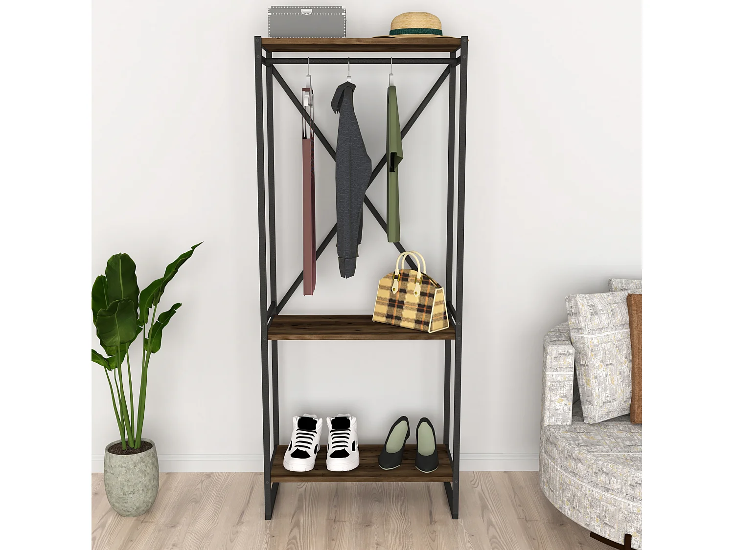 Penderie Ulstein à 3 surface de rangement et barre 160 x 66 x 34 cm effet chêne patiné [en.casa]