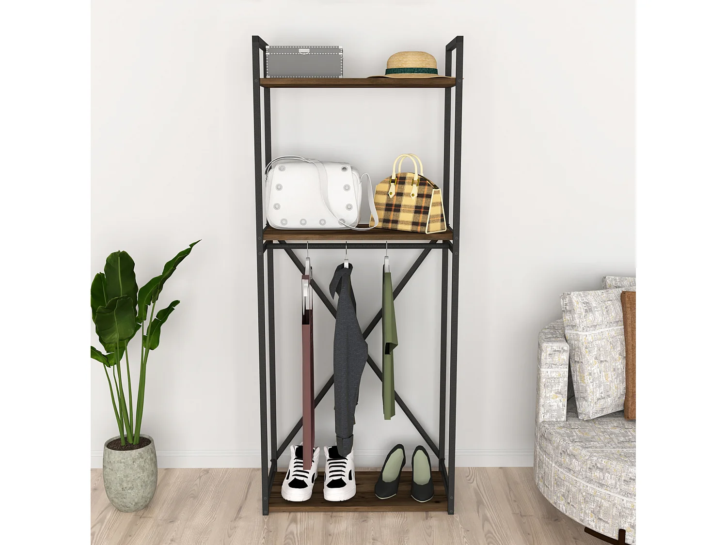 Penderie Ulstein à 3 surface de rangement et barre 160 x 66 x 34 cm effet chêne patiné [en.casa]