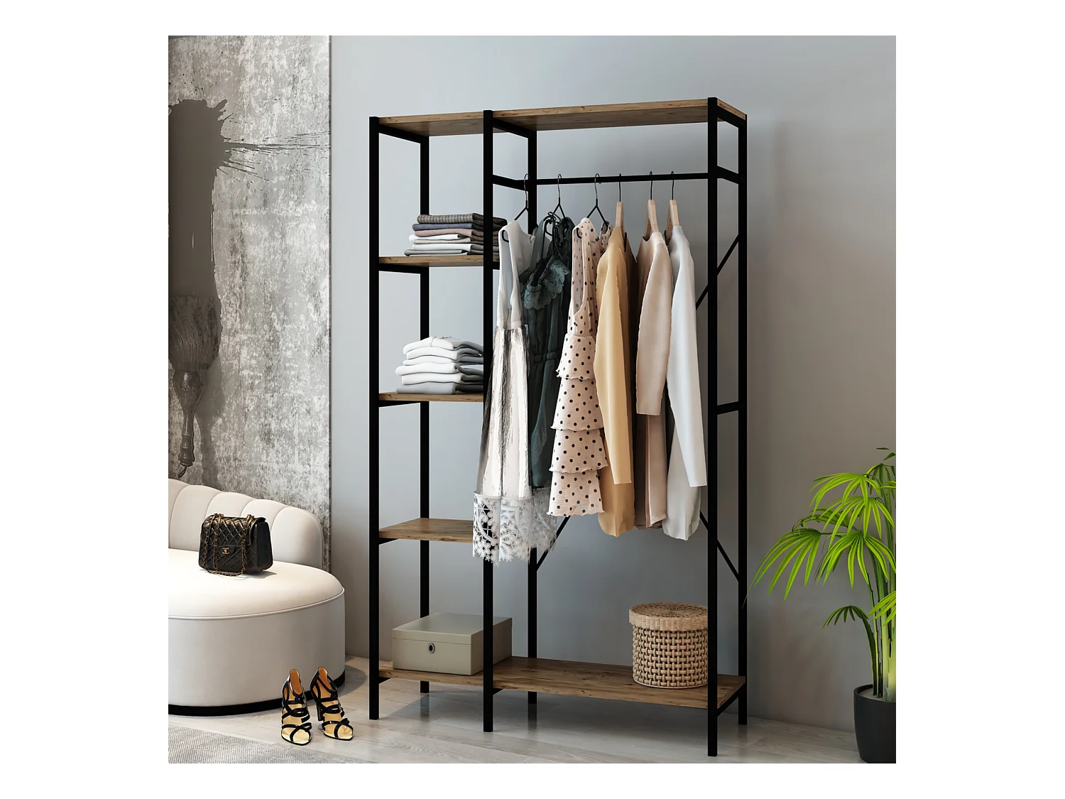 Portant à vêtements Hvidovre avec 5 surfaces de stockage noir / effet bois [en.casa]