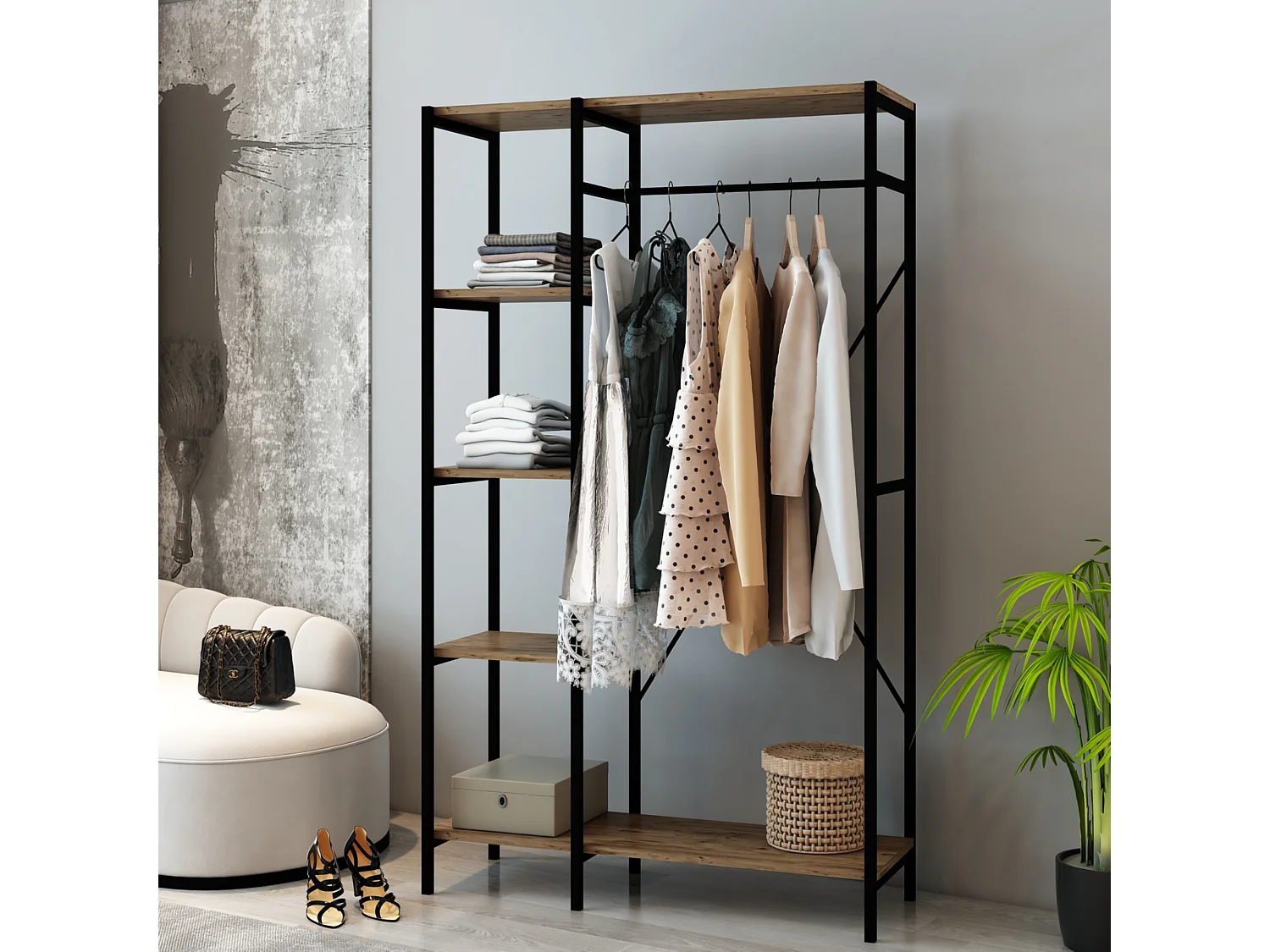 Portant à vêtements Hvidovre avec 5 surfaces de stockage noir / effet bois [en.casa]