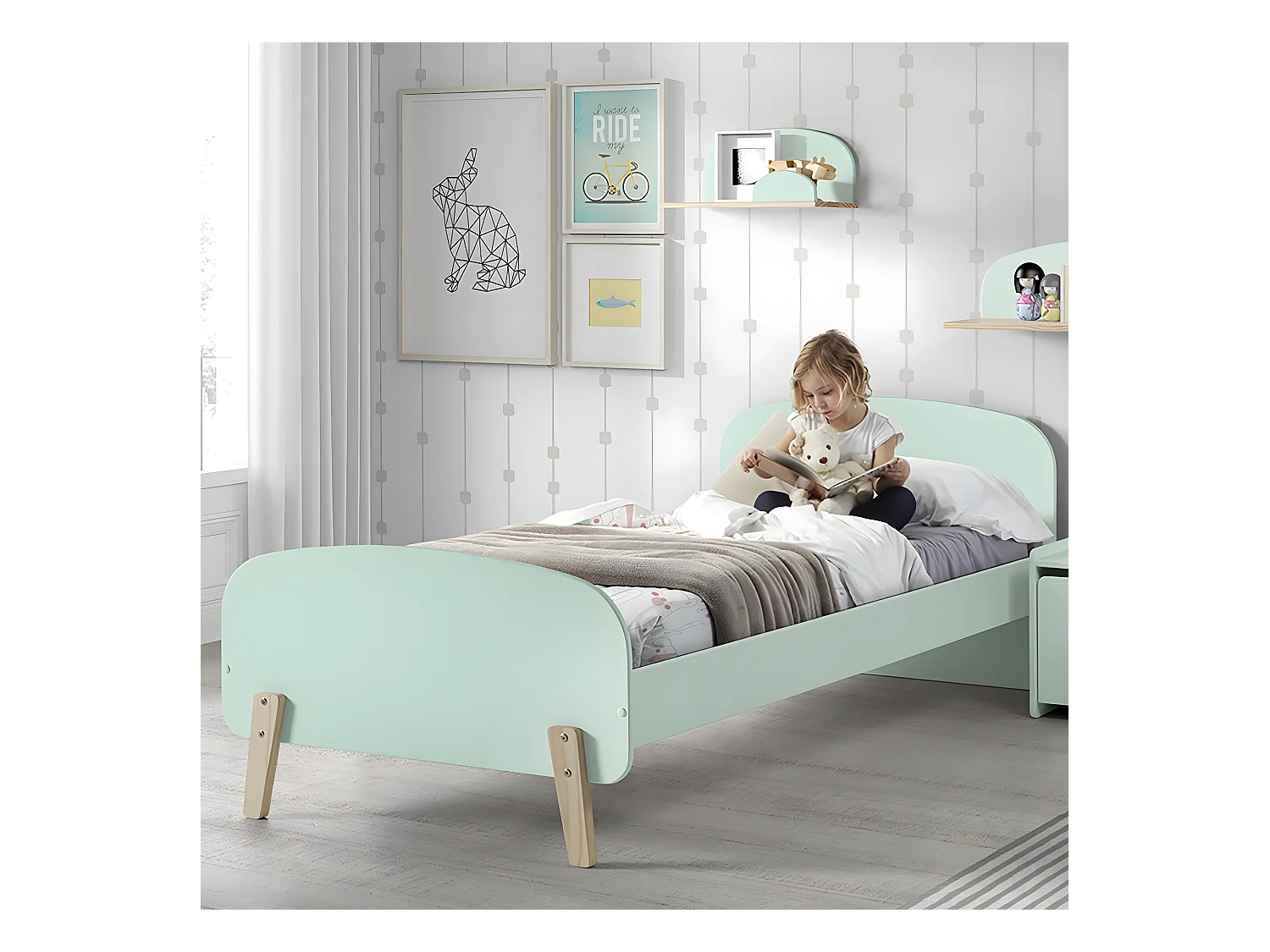 BODHI MINT - Lit 90x200cm Vert Menthe et Bois Sommier Intégré