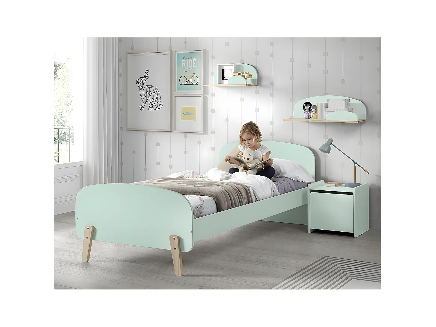 BODHI MINT - Lit 90x200cm Vert Menthe et Bois Sommier Intégré