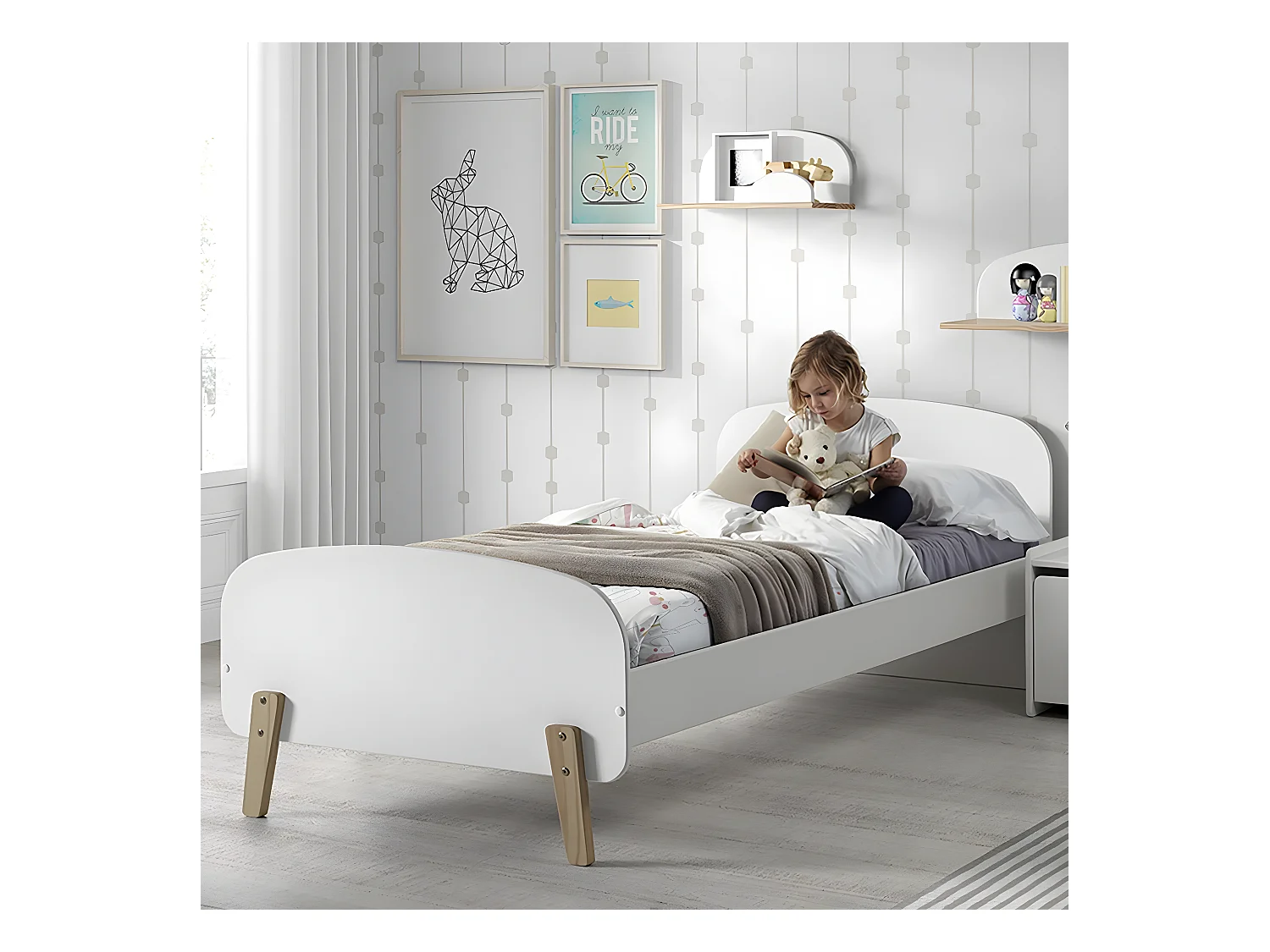 BODHI WHITE - Lit 90x200cm Blanc et Bois Sommier Intégré