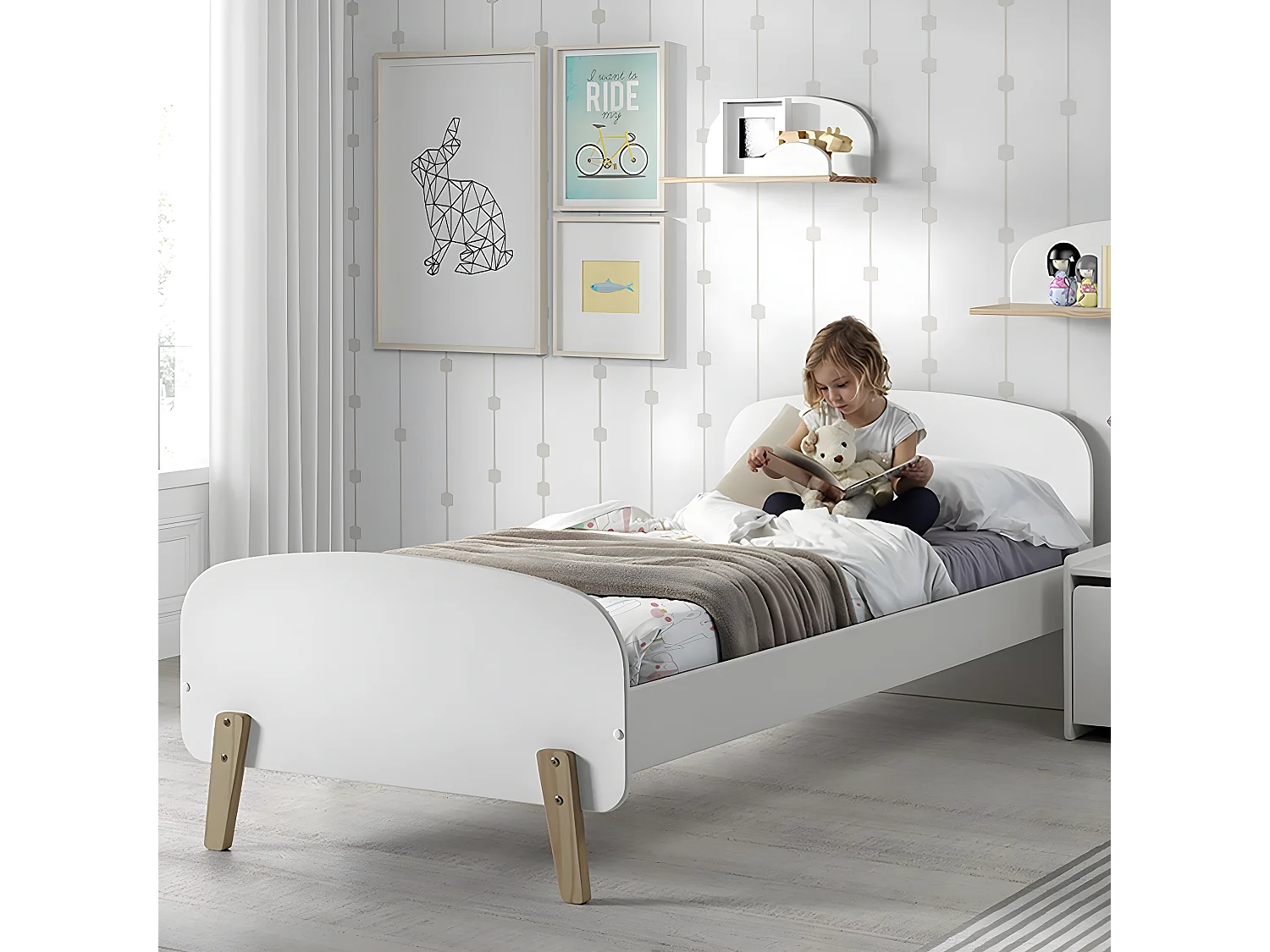 BODHI WHITE - Lit 90x200cm Blanc et Bois Sommier Intégré