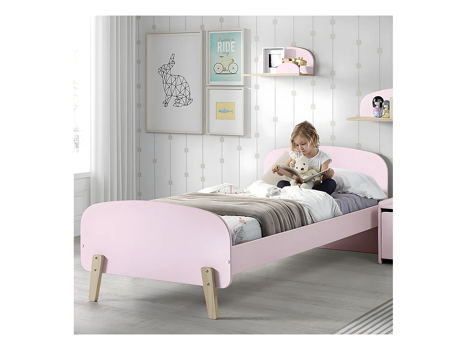 BODHI PINK - Lit 90x200cm Rose et Bois Sommier Intégré