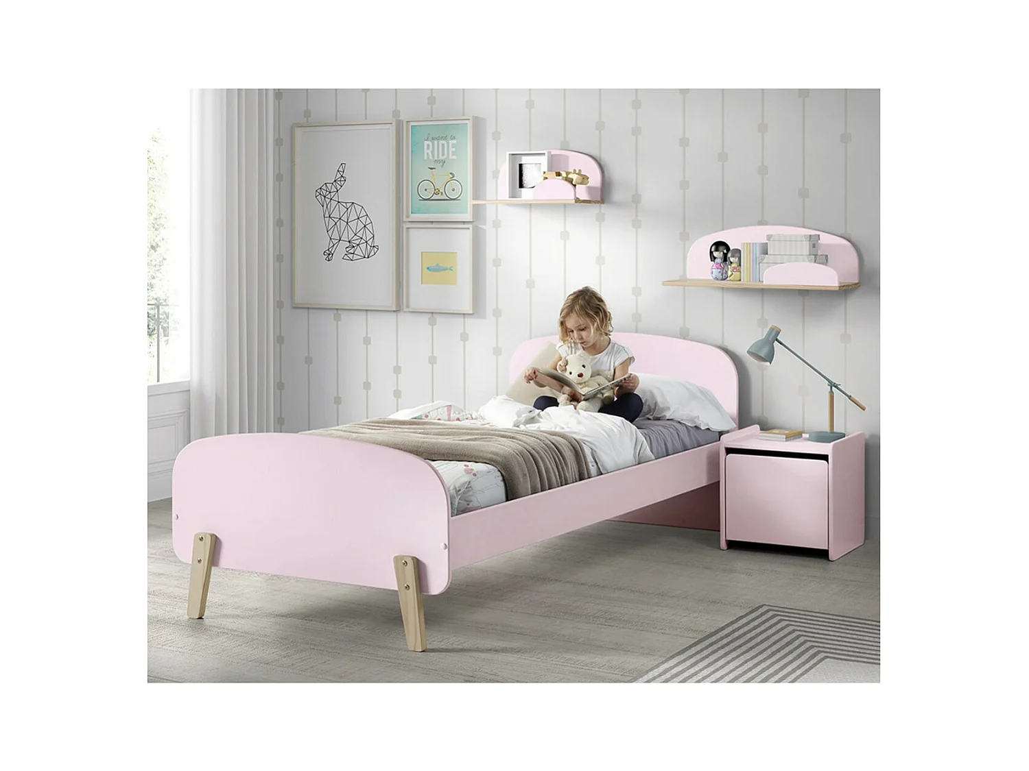 BODHI PINK - Lit 90x200cm Rose et Bois Sommier Intégré