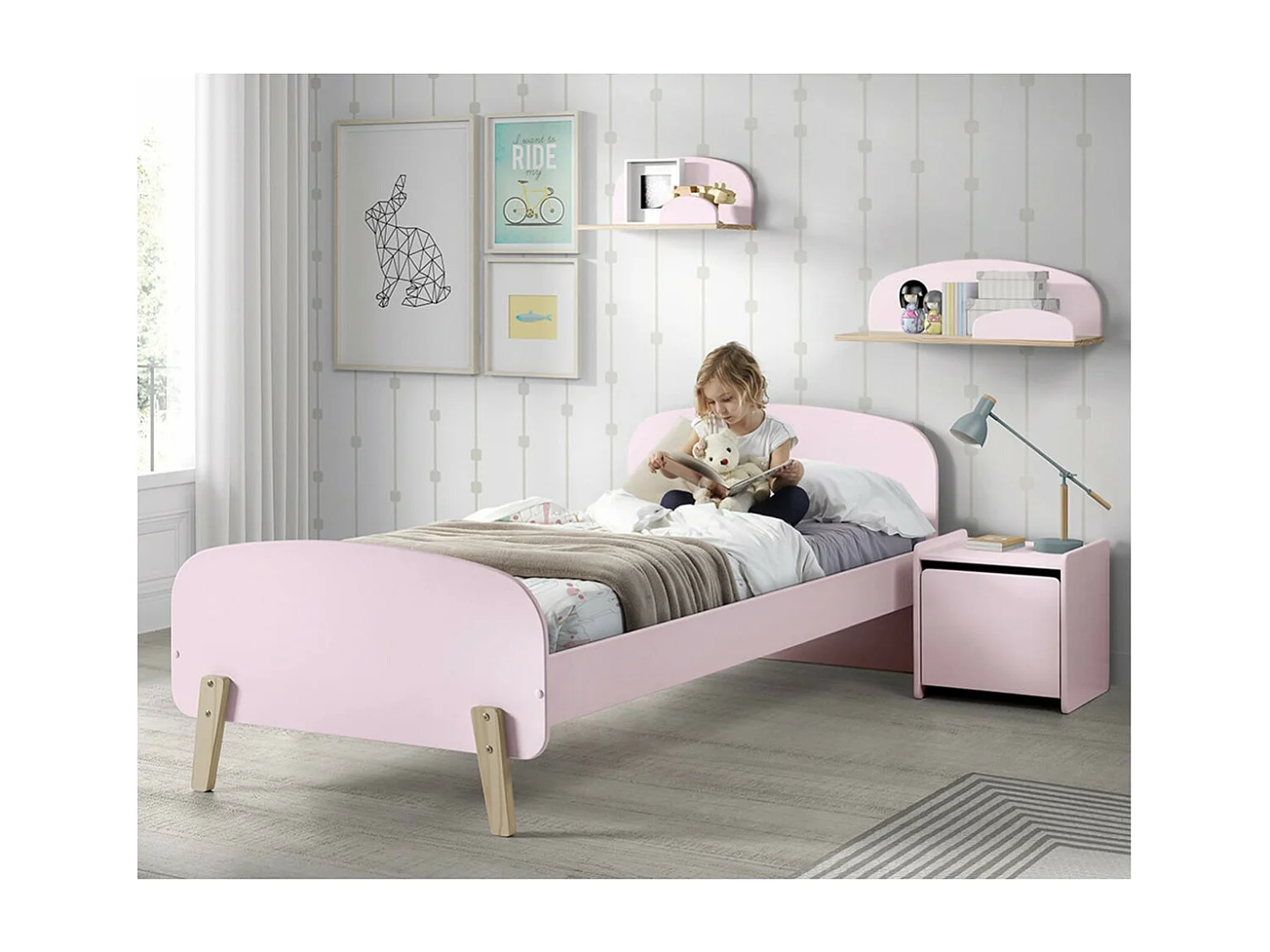 BODHI PINK - Lit 90x200cm Rose et Bois Sommier Intégré