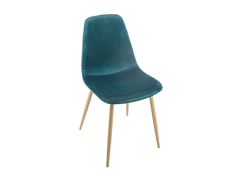 Chaise de table en Velours Bleu et pieds en métal effet bois
