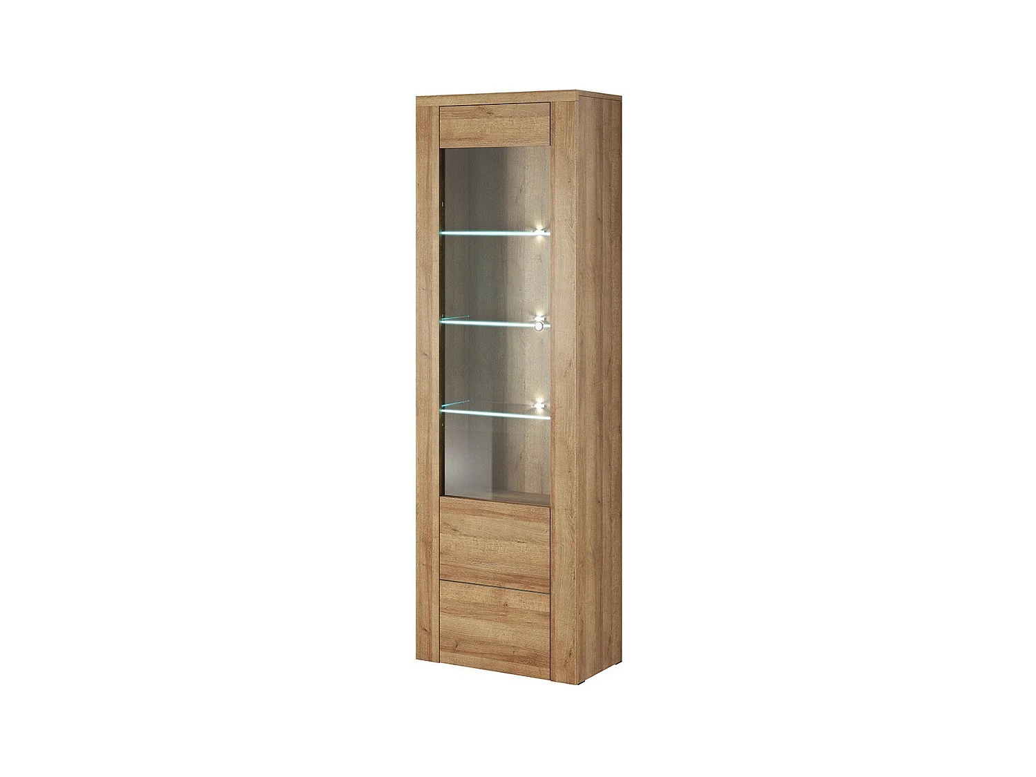 Hoge vitrinekast design met 1 deur en LED-verlichting uit de SANTIAGO collectie. Eikenkleur.