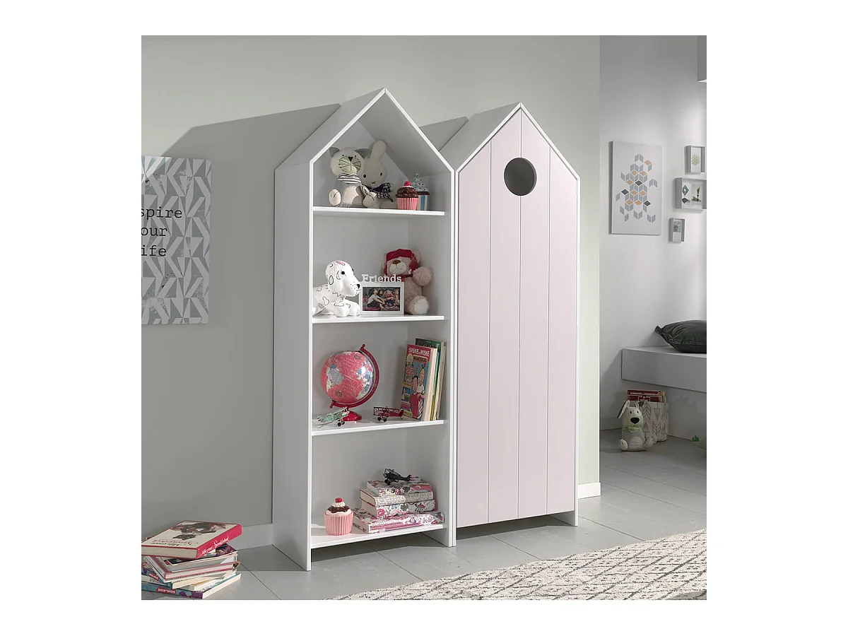 HAVRE - Pack Bibliothèque + Armoire 1 Porte Rose