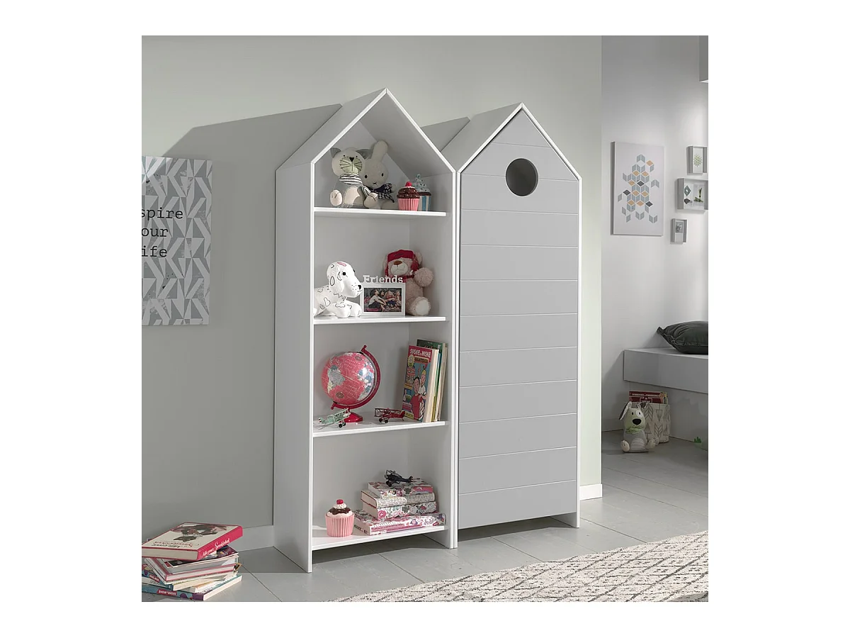 HAVRE - Pack Bibliothèque + Armoire 1 Porte Grise