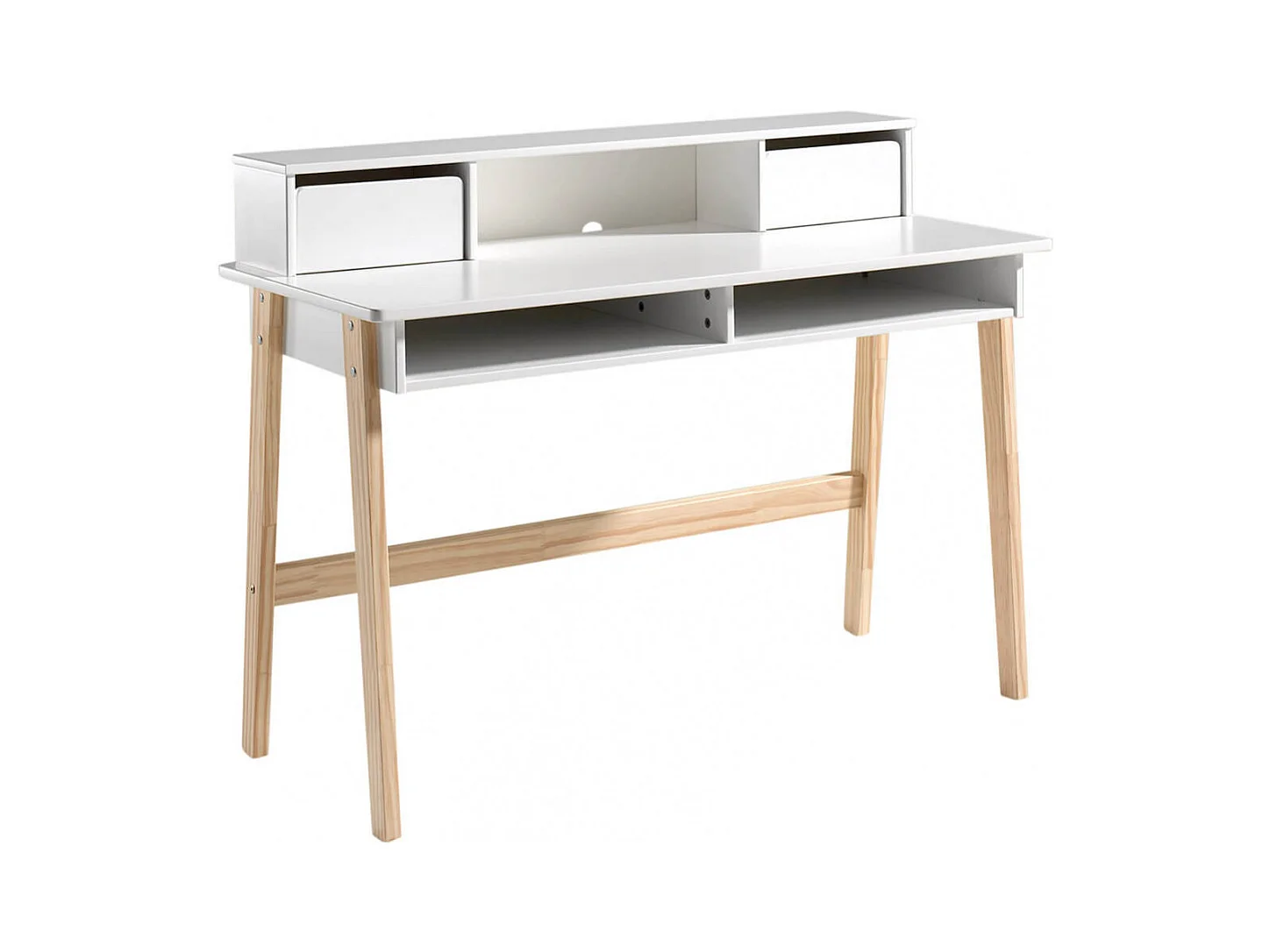 BODHI WHITE - Bureau 2 Tiroirs + Niches Blanc et Bois