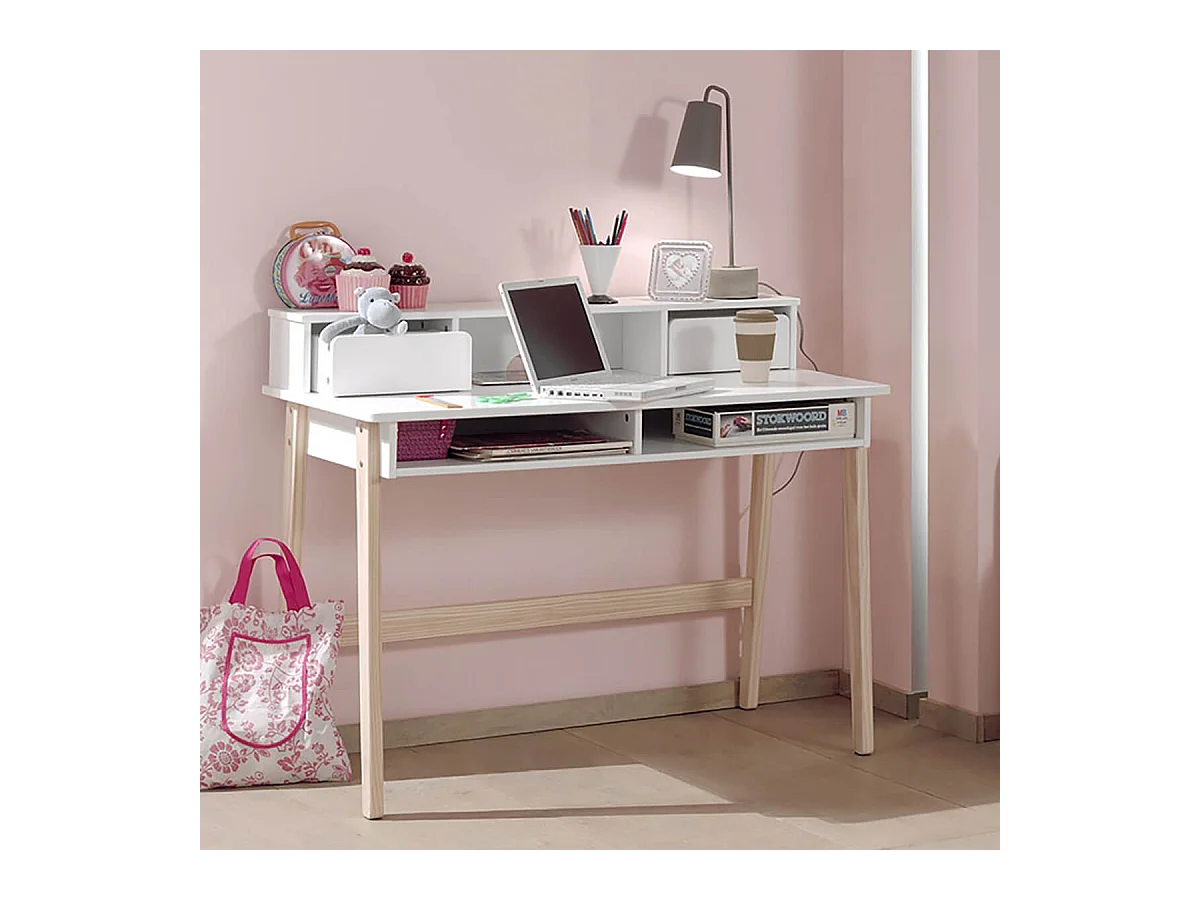 BODHI WHITE - Bureau 2 Tiroirs + Niches Blanc et Bois