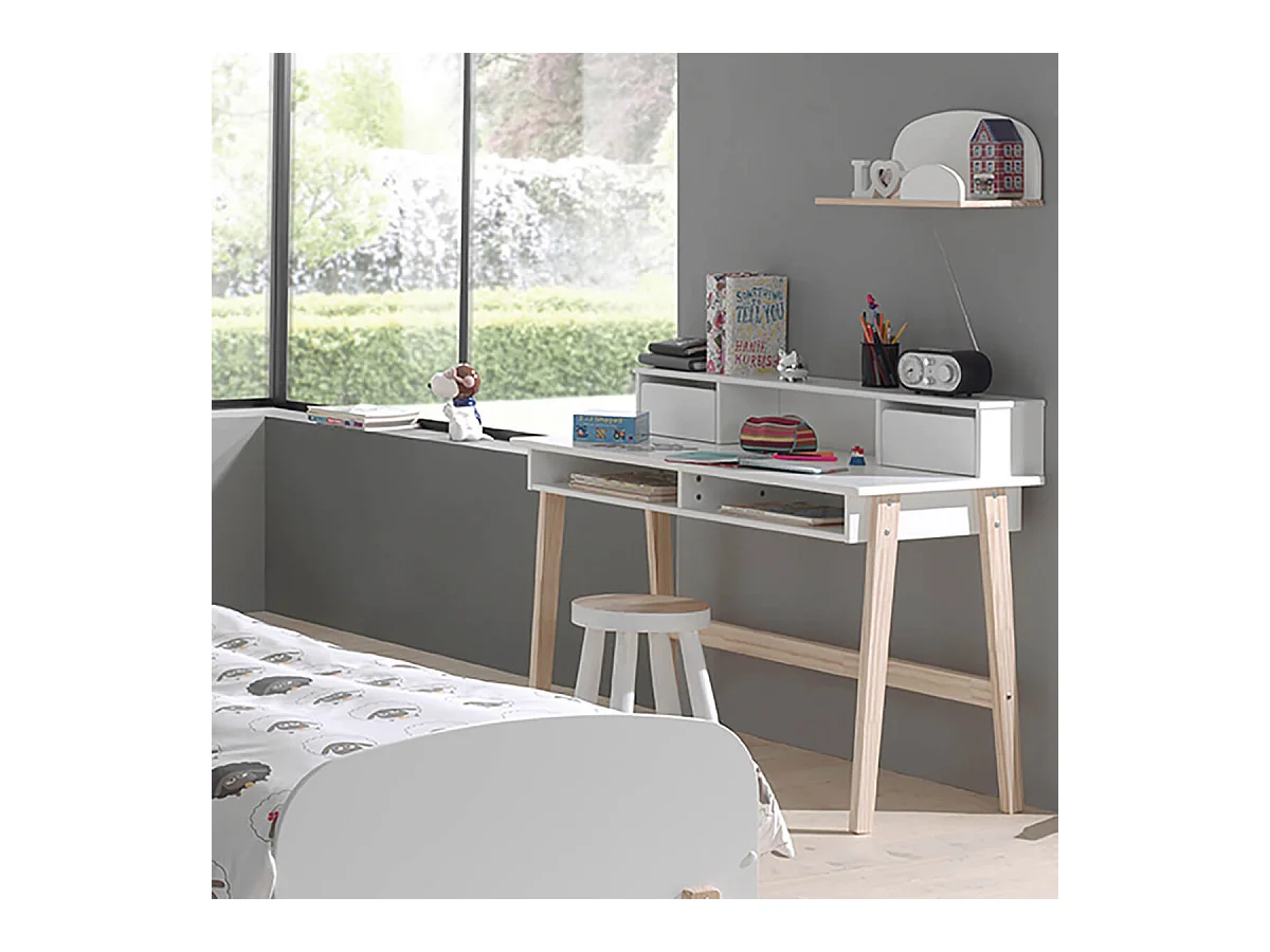 BODHI WHITE - Bureau 2 Tiroirs + Niches Blanc et Bois