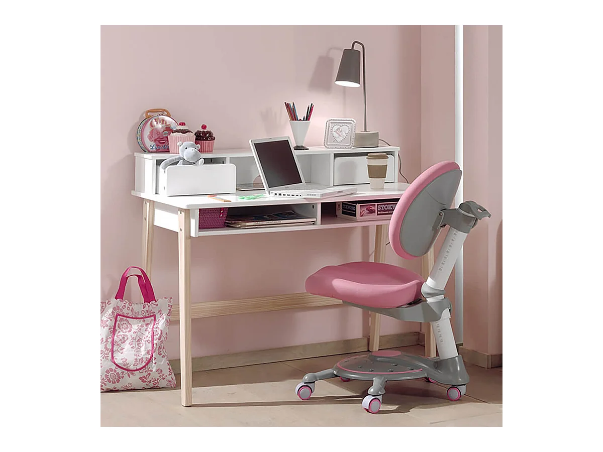 BODHI WHITE - Bureau 2 Tiroirs + Niches Blanc et Bois