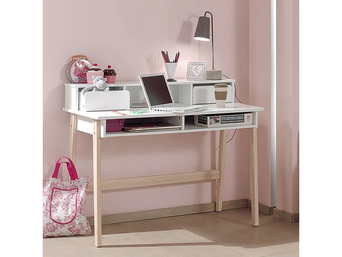 BODHI WHITE - Bureau 2 Tiroirs + Niches Blanc et Bois