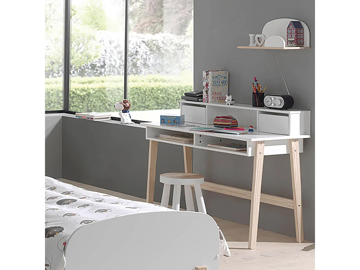 BODHI WHITE - Bureau 2 Tiroirs + Niches Blanc et Bois