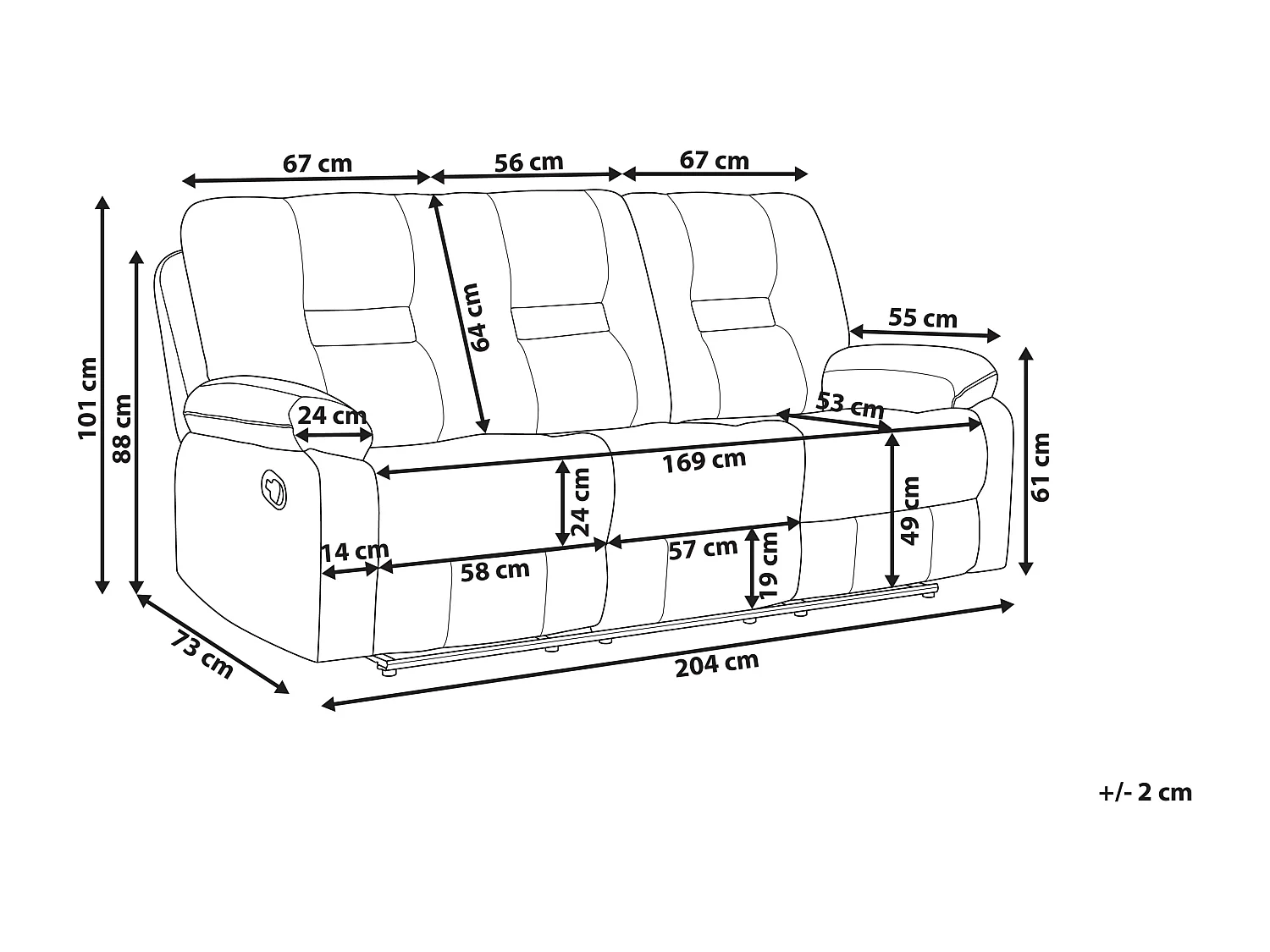 Canapé relax électrique 3 places BERGEN Velours Beige sable avec port USB