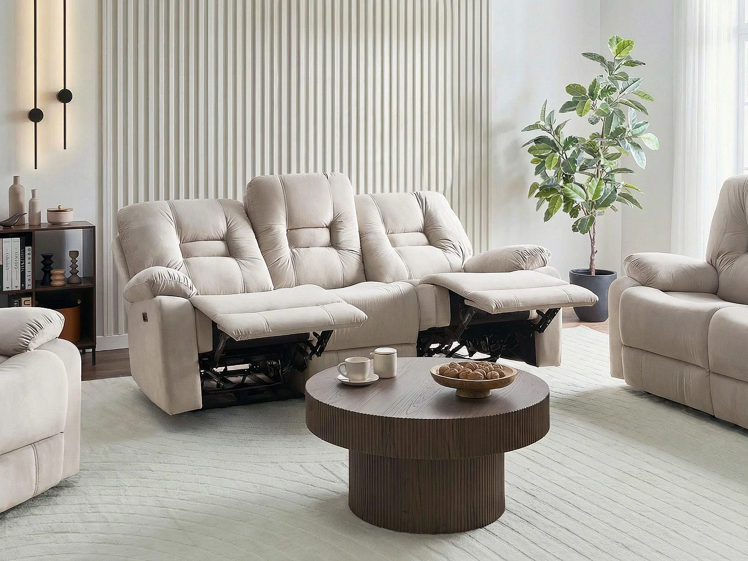 Sofá reclinable eléctrico BERGEN Terciopelo Arena con puerto USB 3 plazas