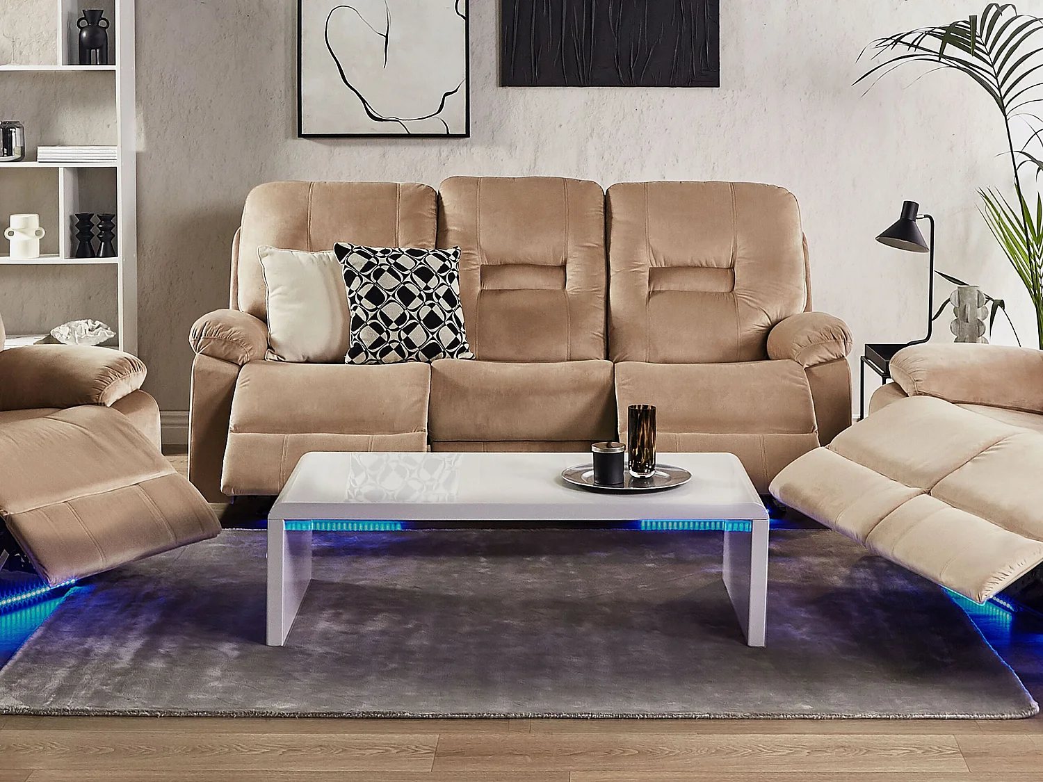 Canapé relax électrique BERGEN Velours Beige sable avec port USB 3 places