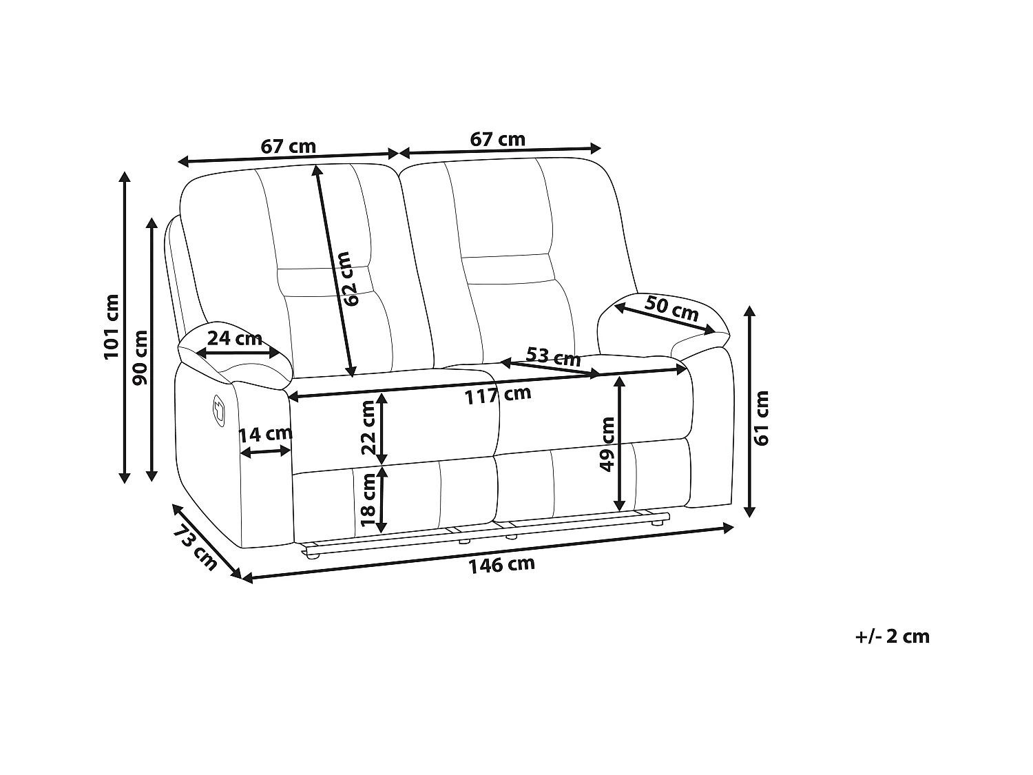 Elektrisch verstelbare bank BERGEN Fluweel Zandbeige met USB-poort 2-zitter