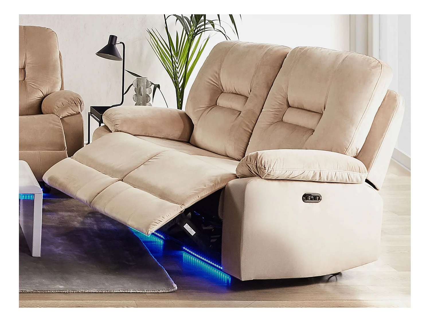 Canapé relax électrique 2 places BERGEN Velours Beige sable avec port USB