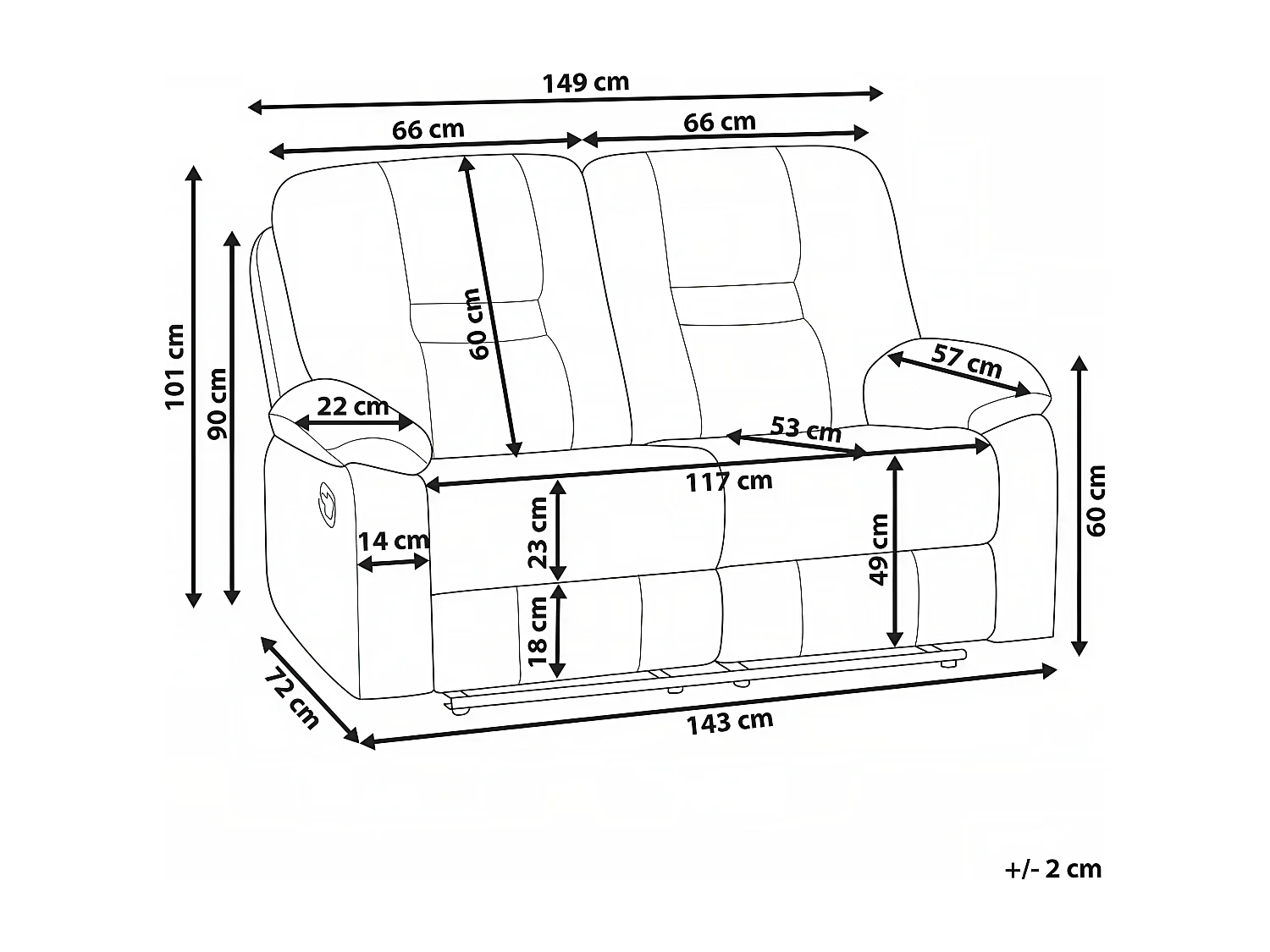 Canapé relax électrique 2 places BERGEN Velours Beige clair avec port USB