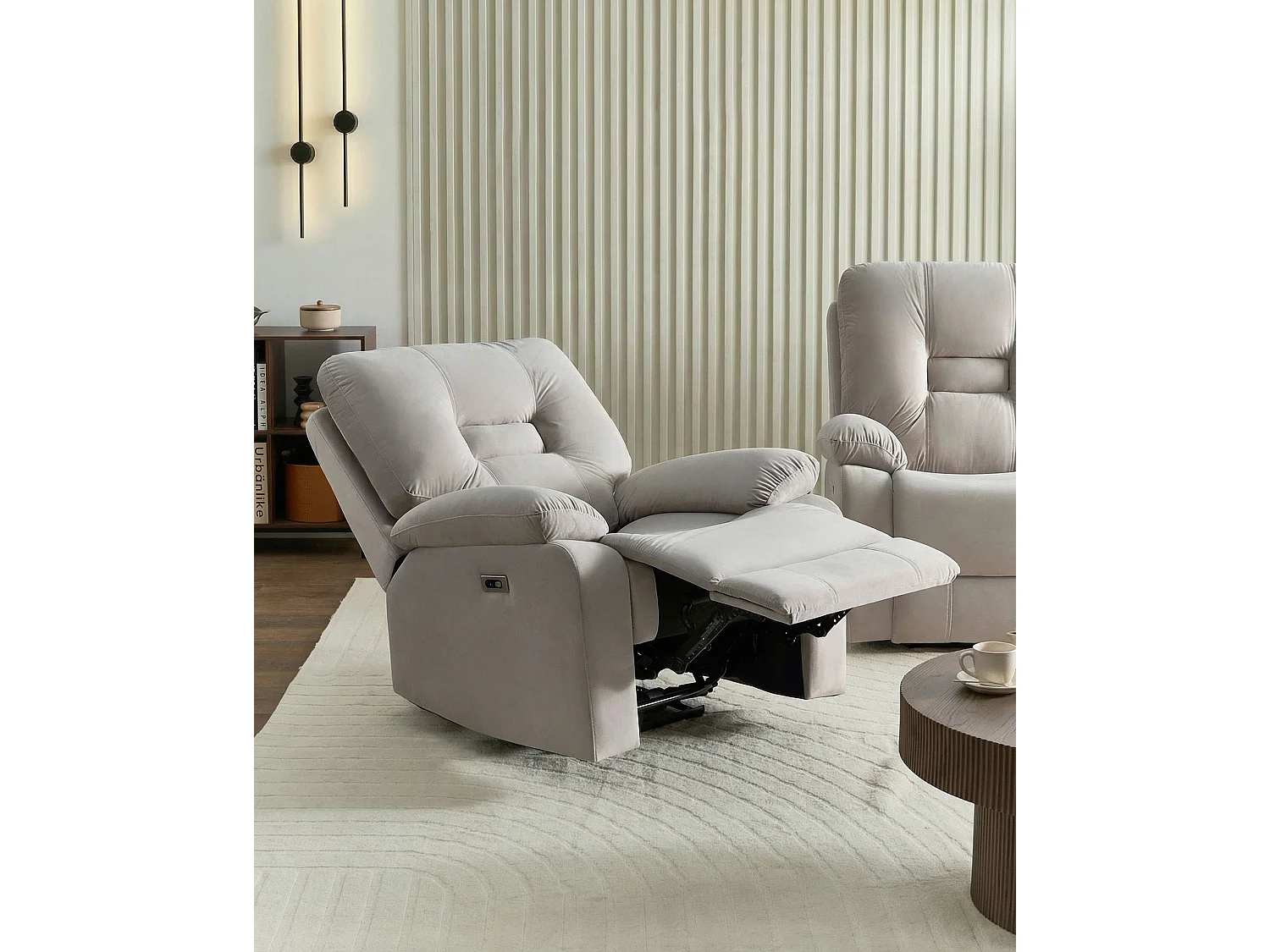 Fauteuil inclinable électrique BERGEN Repose-pieds inclus LED Velours Beige clair