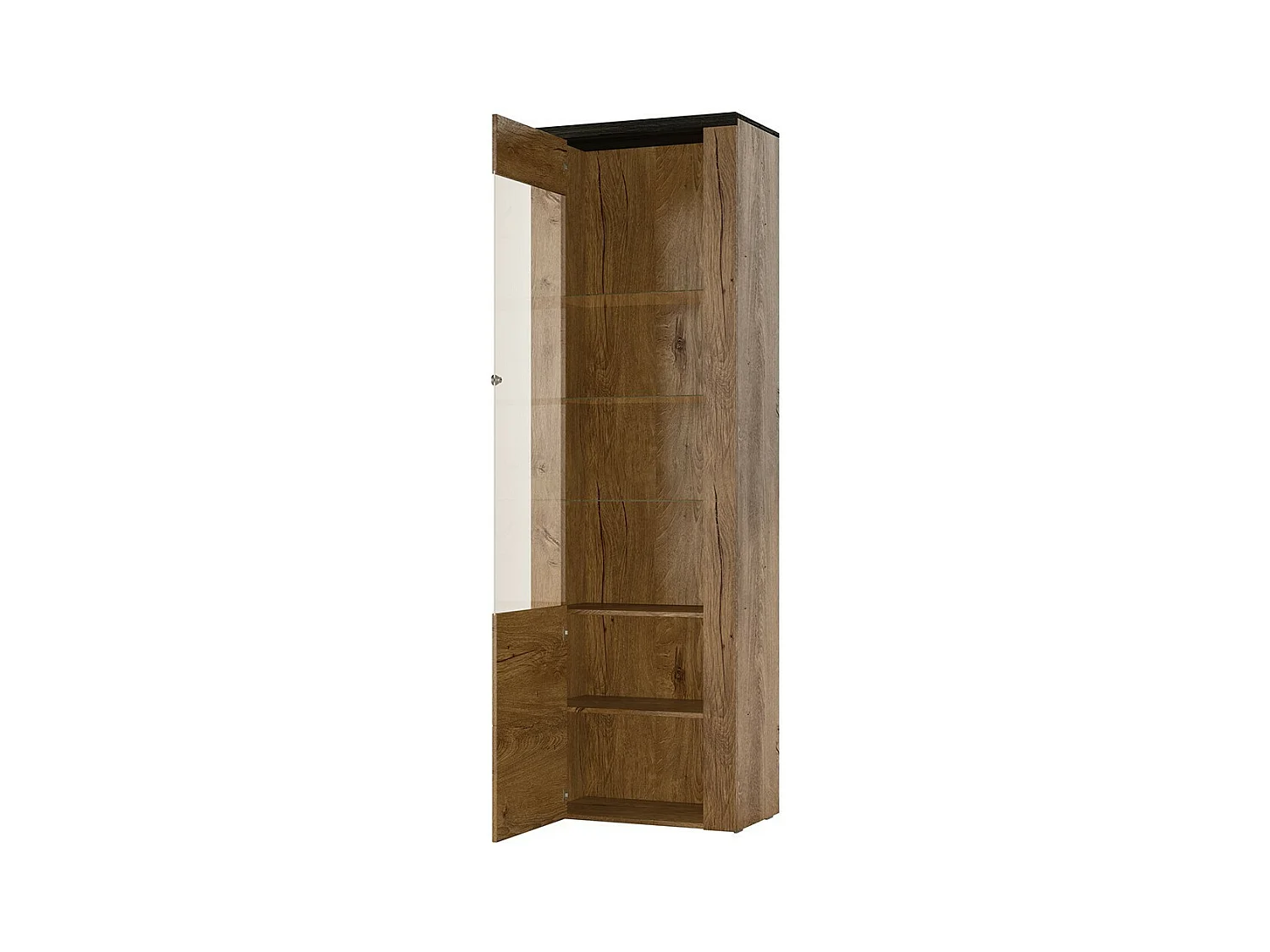 Hoge design vitrinekast met 1 deur en LED-verlichting uit de SANTIAGO collectie. Kleur: wit met houteffect en eiken.