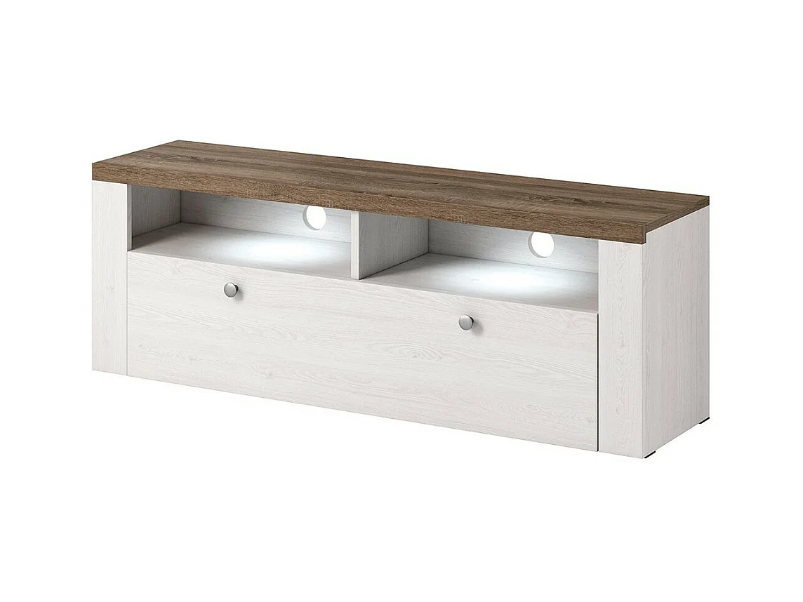 Meuble TV 140cm collection SANTIAGO. Couleur blanc effet bois et chêne. 1 Porte