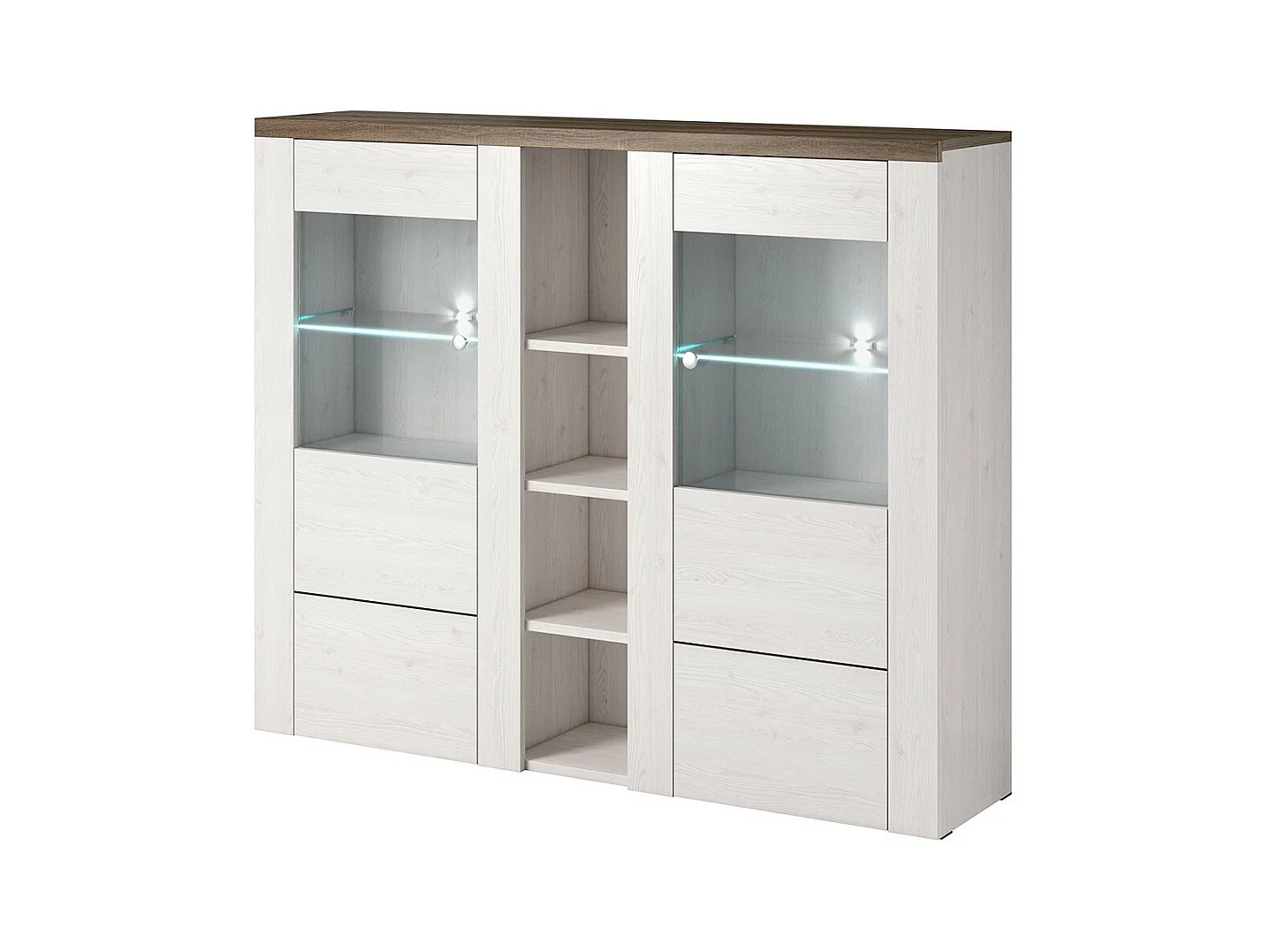 Cristaleira design com 2 portas para sala de estar na cor branca com efeito de madeira e carvalho. Coleção SANTIAGO.