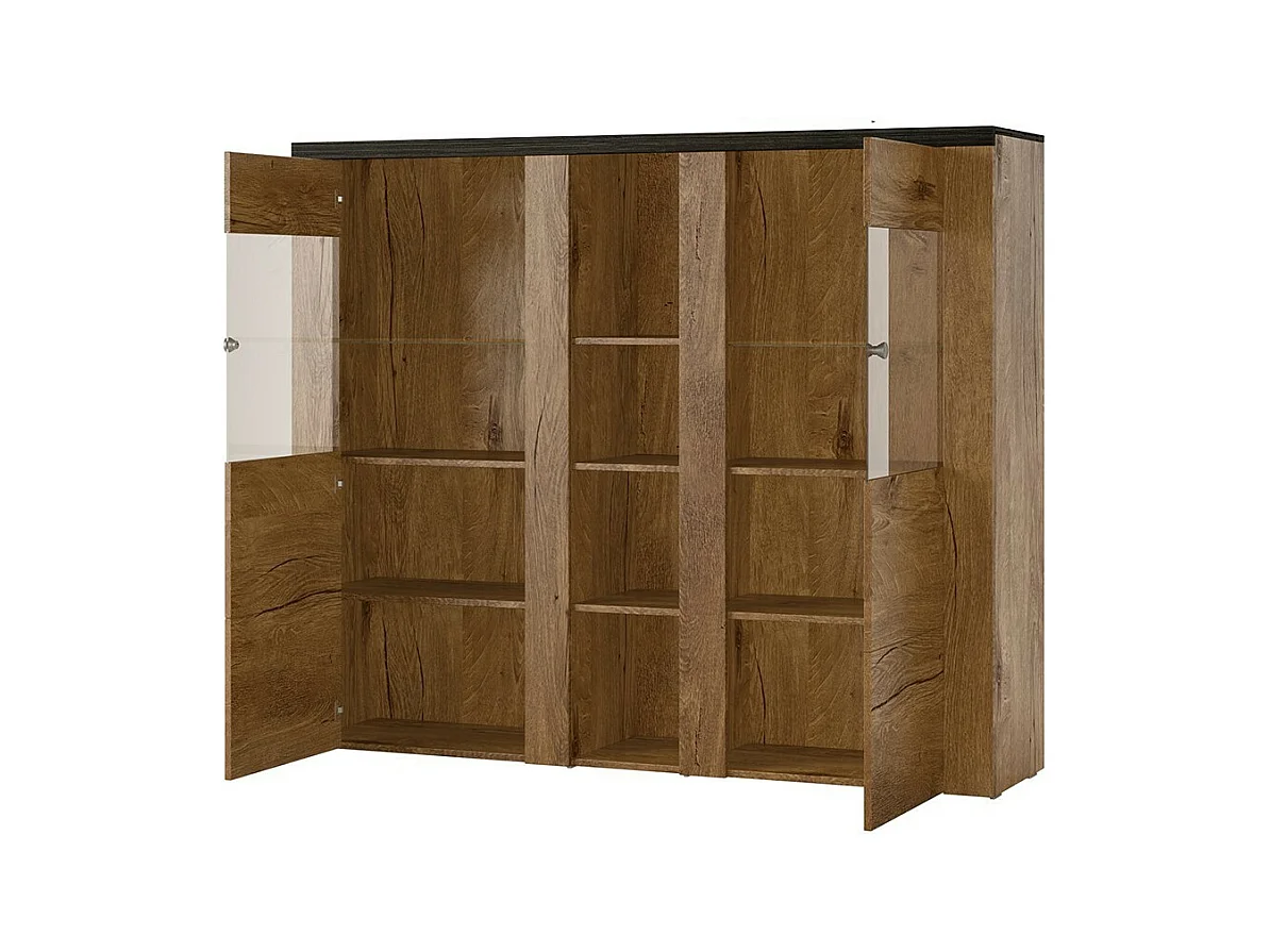 Cristaleira design com 2 portas para sala de estar na cor branca com efeito de madeira e carvalho. Coleção SANTIAGO.