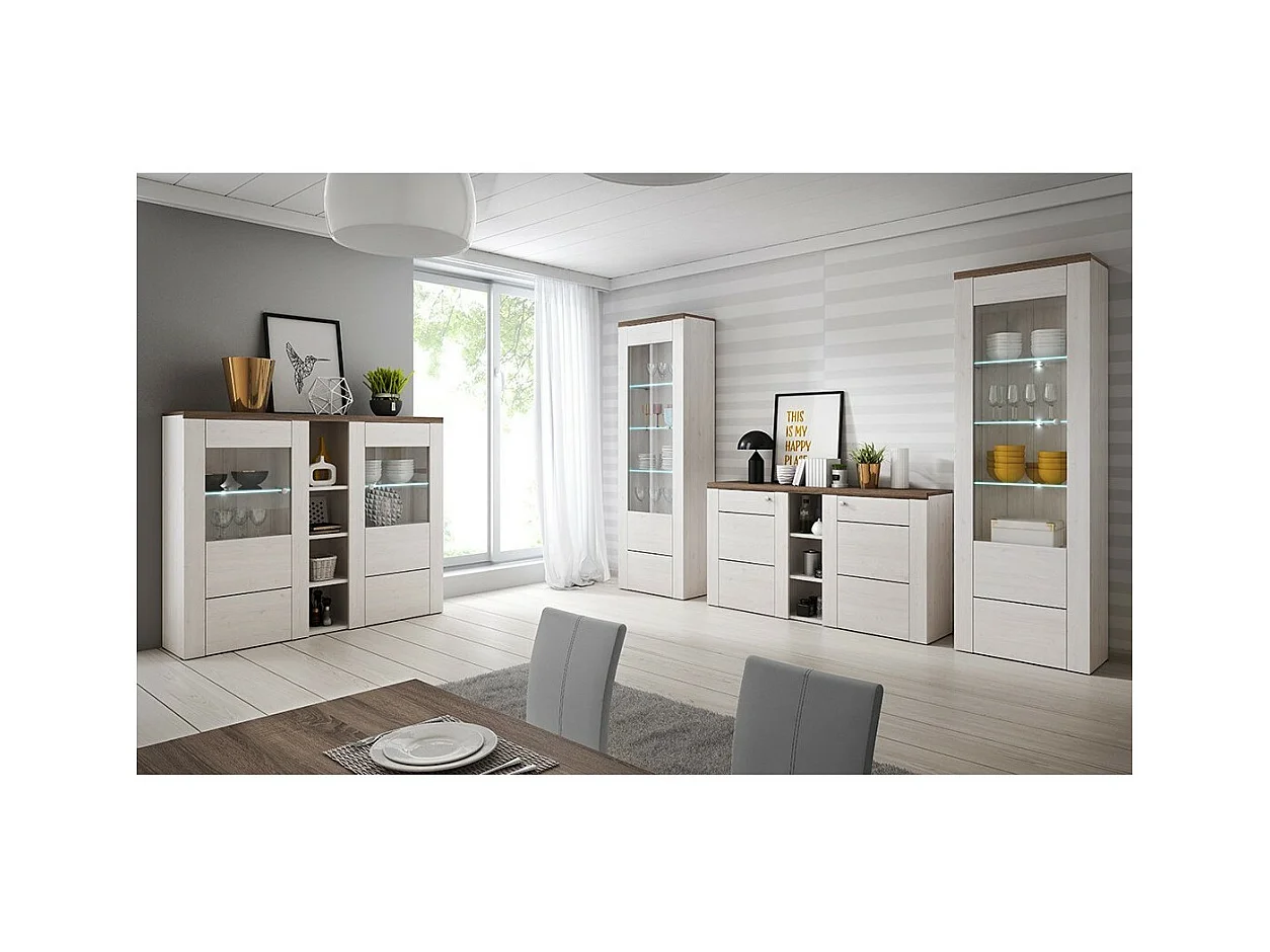 Cristaleira design com 2 portas para sala de estar na cor branca com efeito de madeira e carvalho. Coleção SANTIAGO.