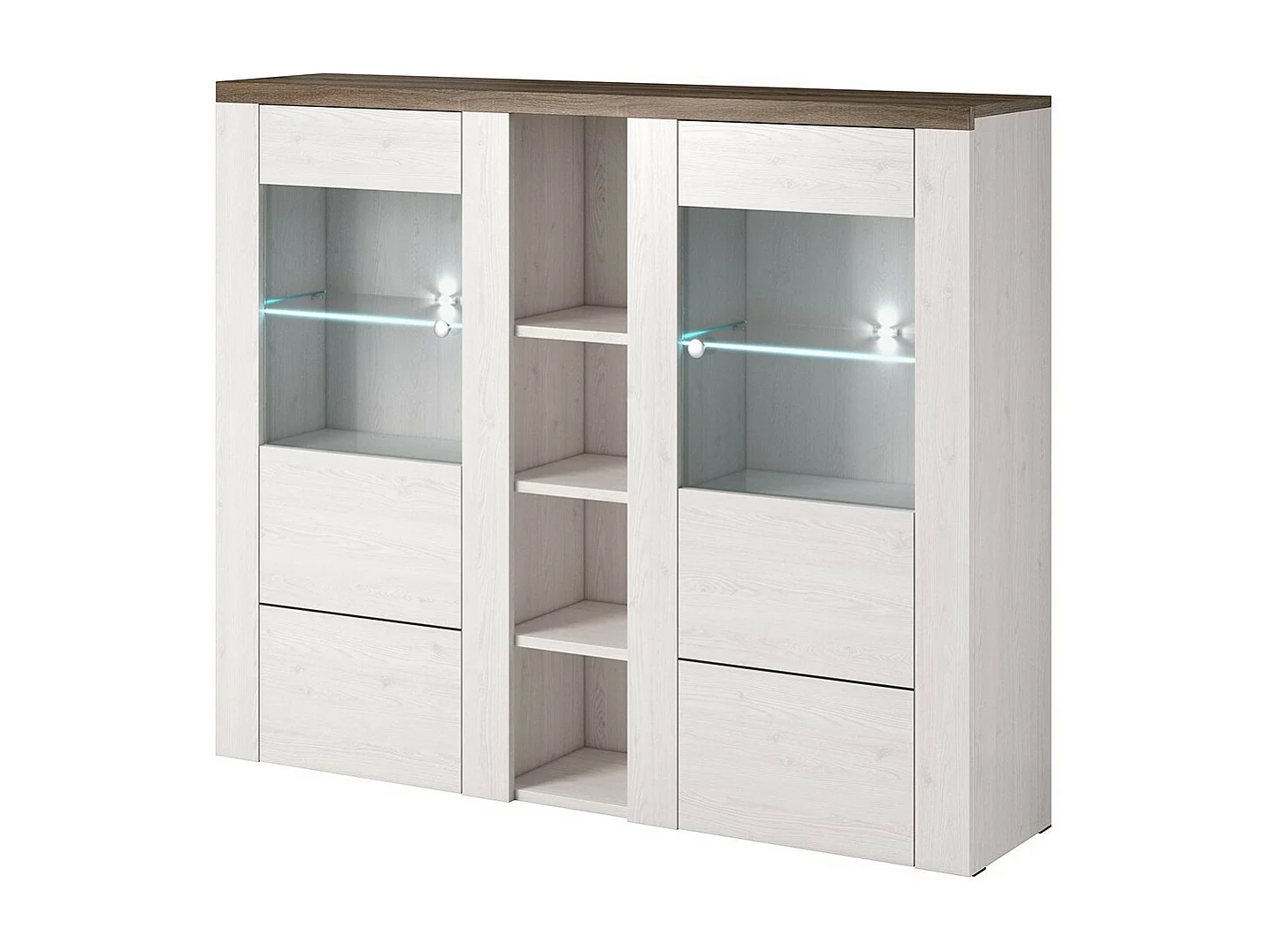 Credenza design a 2 porte per soggiorno colore bianco effetto legno e rovere. Collezione SANTIAGO.