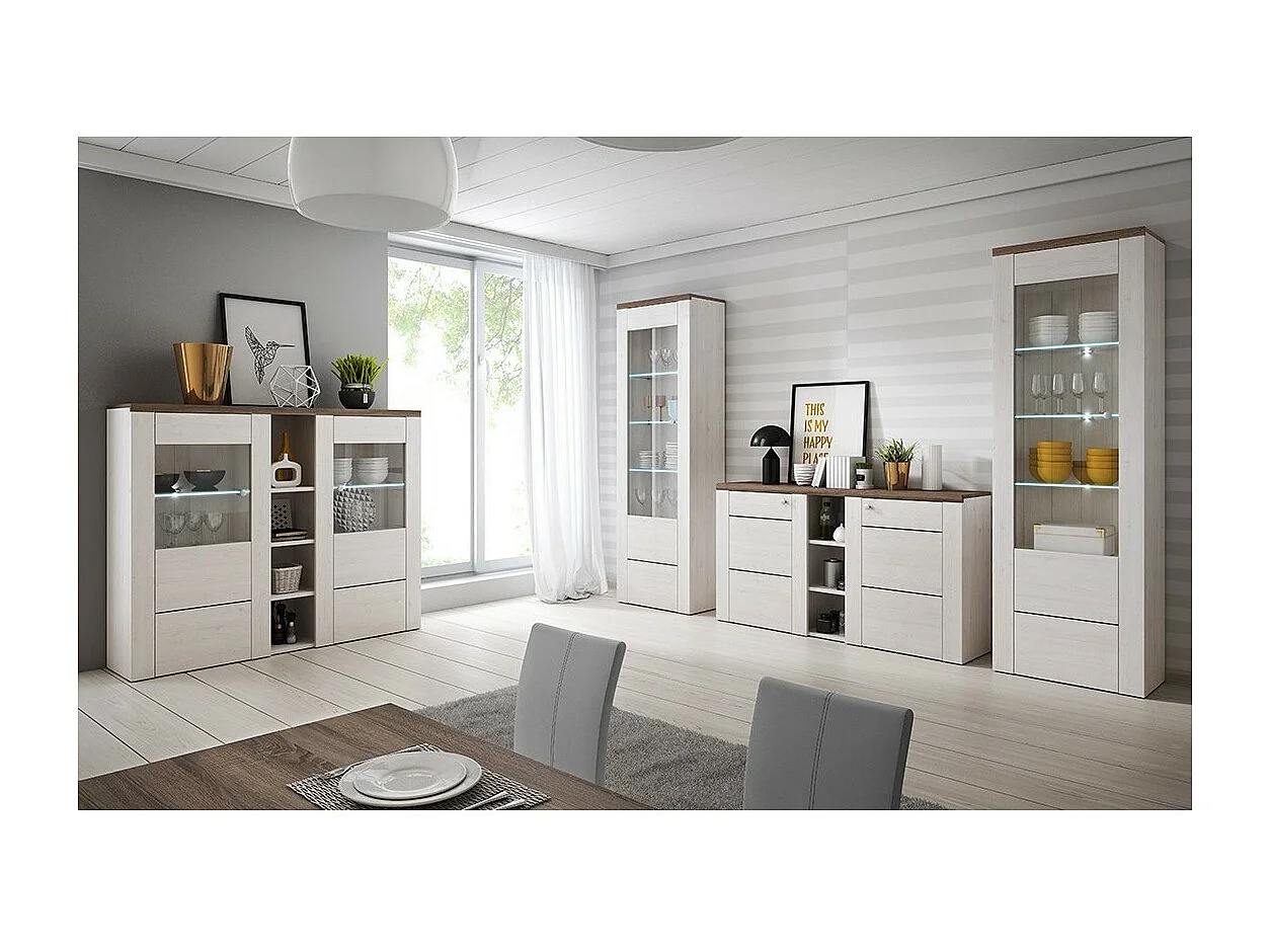 Credenza design a 2 porte per soggiorno colore bianco effetto legno e rovere. Collezione SANTIAGO.