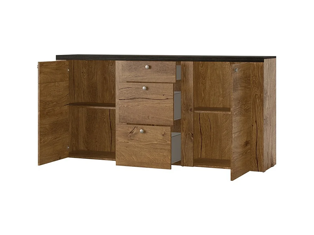 Buffet design de 175cm para sala de estar na cor branca com efeito de madeira e carvalho, coleção SANTIAGO.