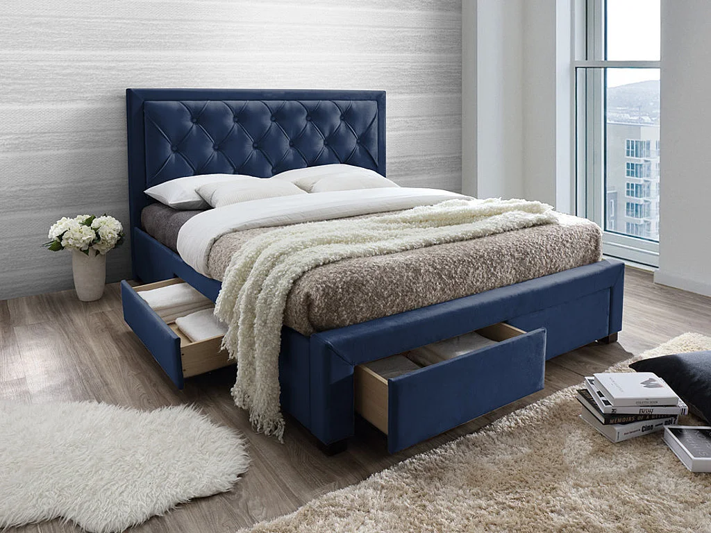 Bed met lades 180 x 200 cm - Stof van blauw velours - LEOPOLD