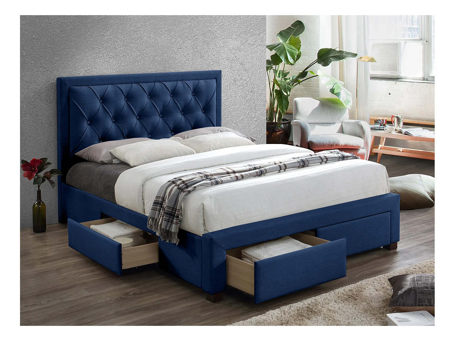 Lit avec tiroirs 180 x 200 cm - Tissu velours bleu - LEOPOLD