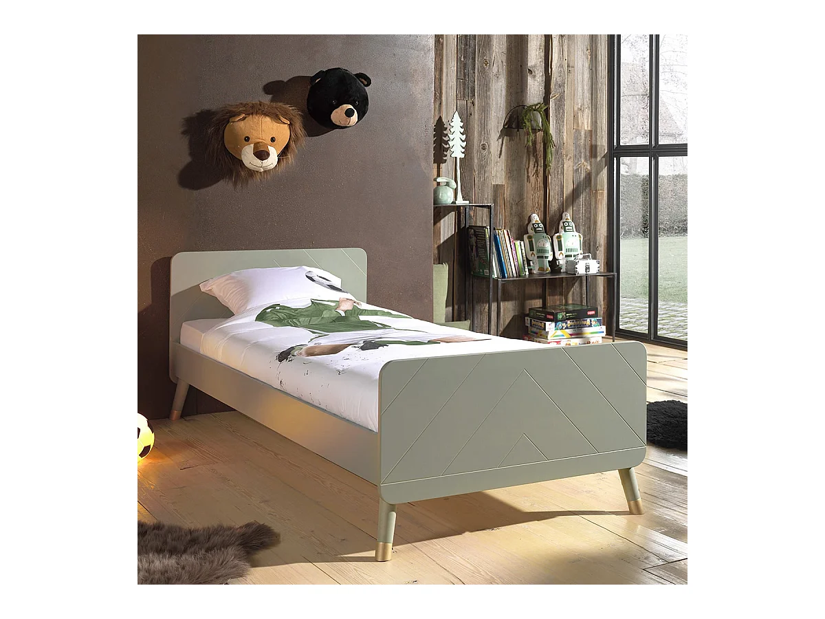 TINY GREEN - Lit 90x200cm Vert Olive Graphique Sommier Intégré