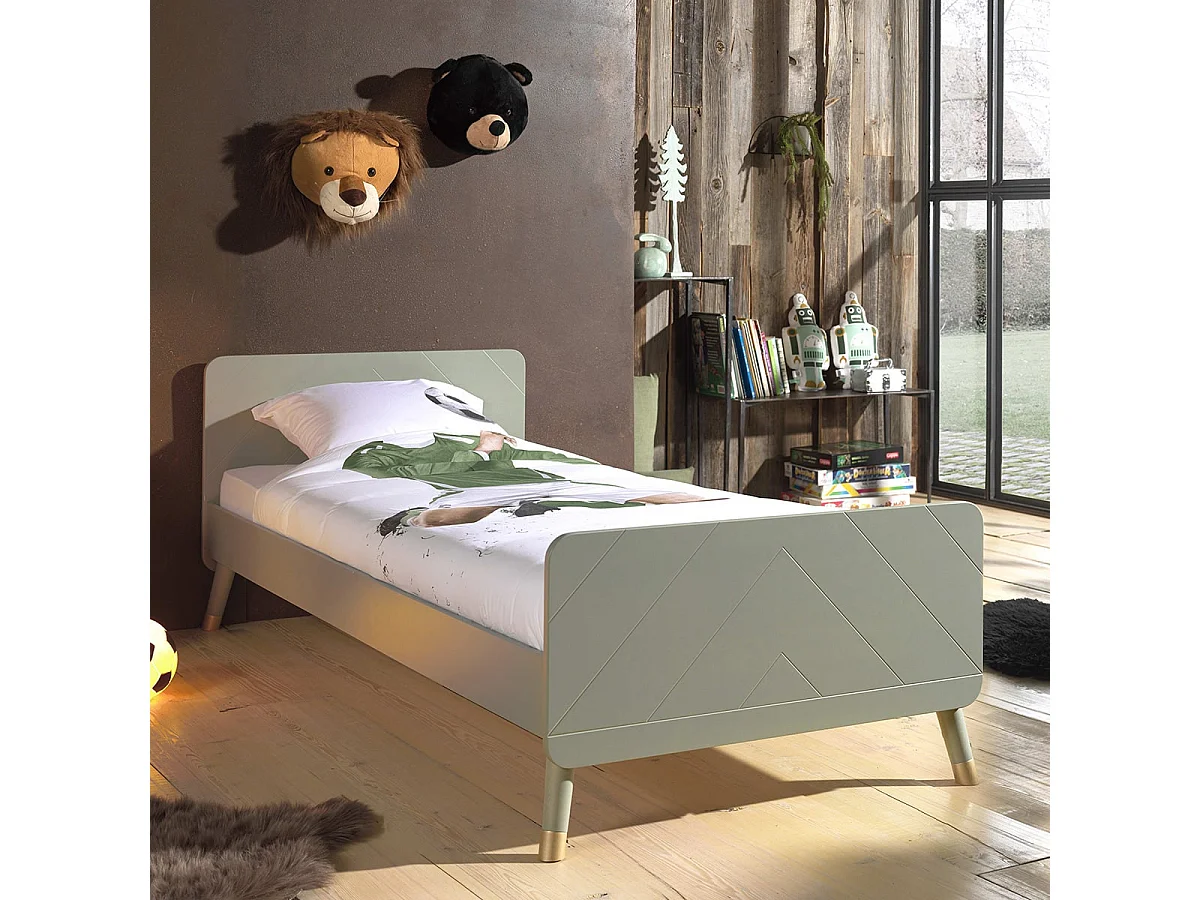 TINY GREEN - Lit 90x200cm Vert Olive Graphique Sommier Intégré