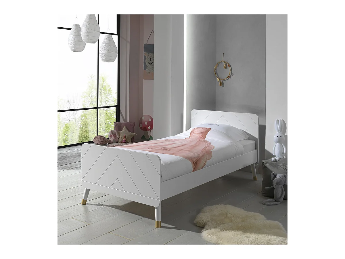 TINY WHITE - Lit 90x200cm Blanc Graphique Sommier Intégré