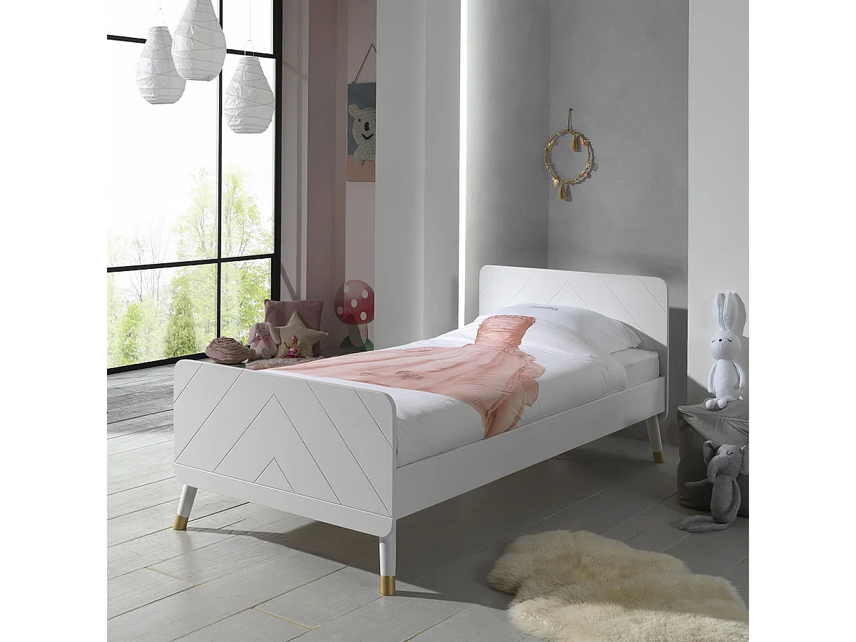 TINY WHITE - Lit 90x200cm Blanc Graphique Sommier Intégré