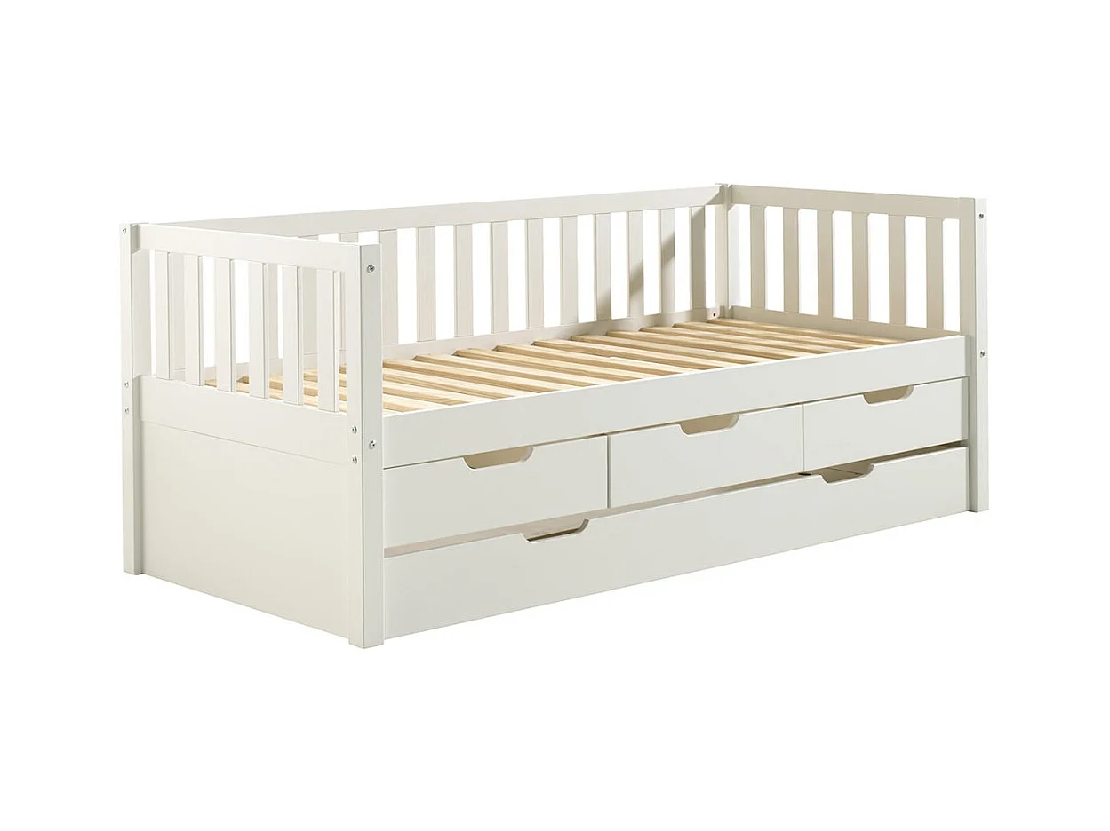 YAX - Lit Gigogne 90x200cm à Tiroirs en Pin Laqué Blanc