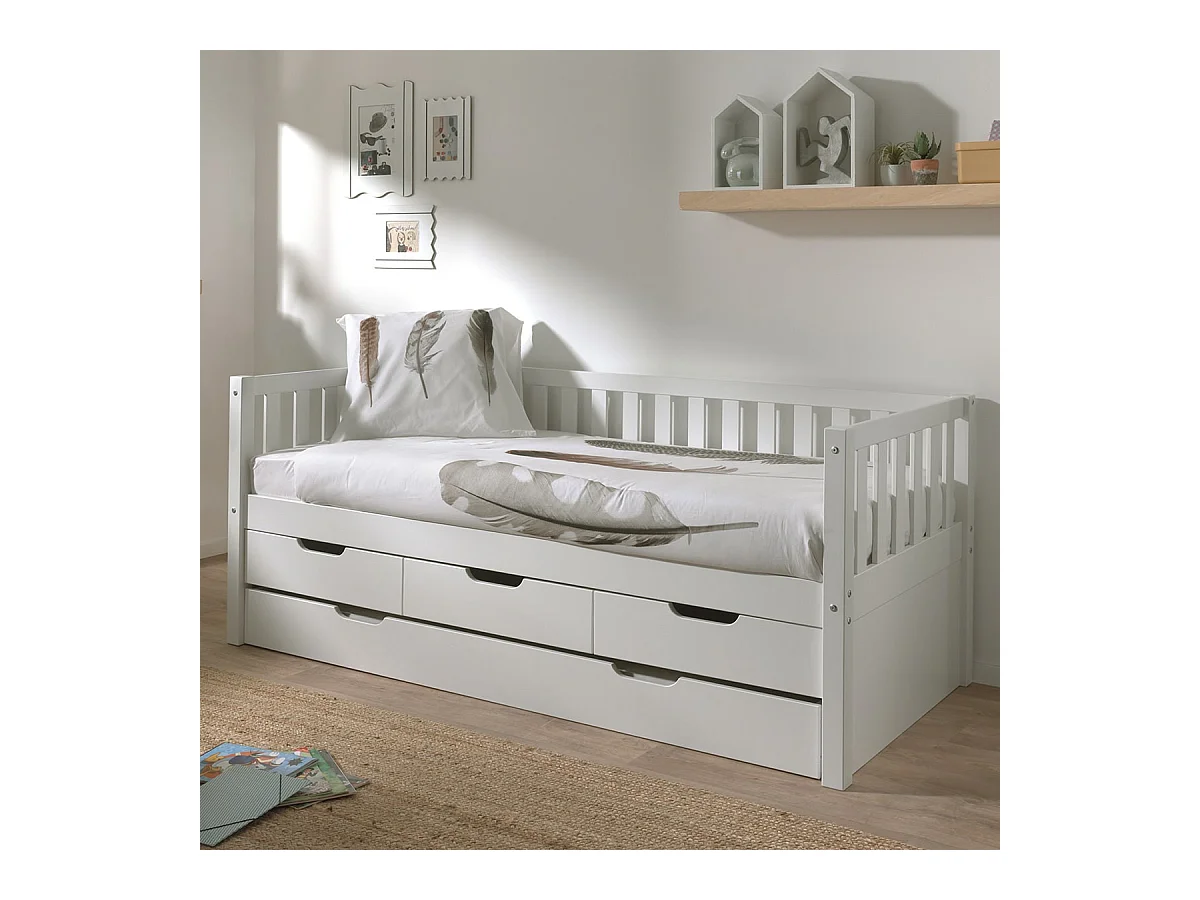 YAX - Lit Gigogne 90x200cm à Tiroirs en Pin Laqué Blanc