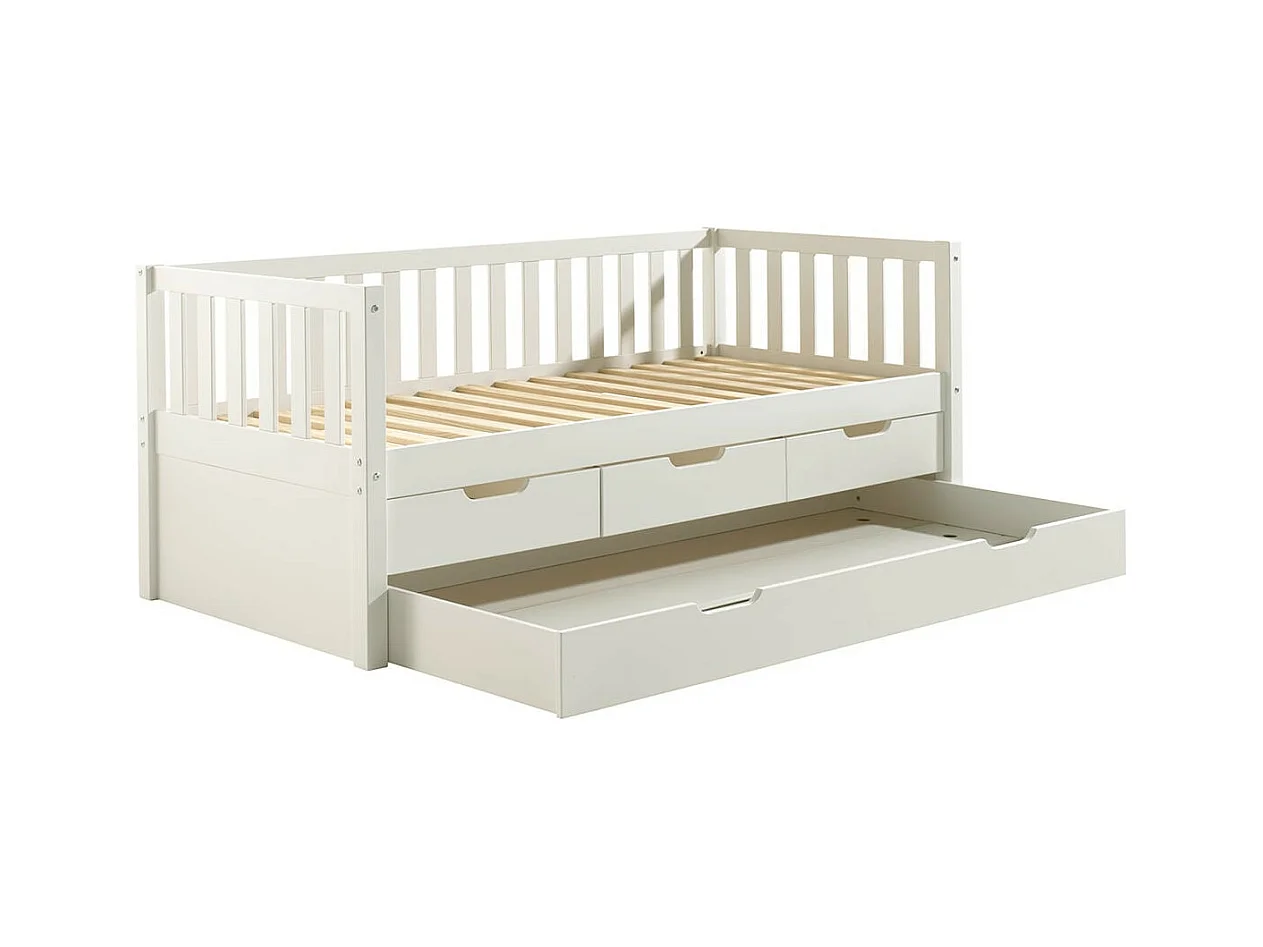 YAX - Lit Gigogne 90x200cm à Tiroirs en Pin Laqué Blanc